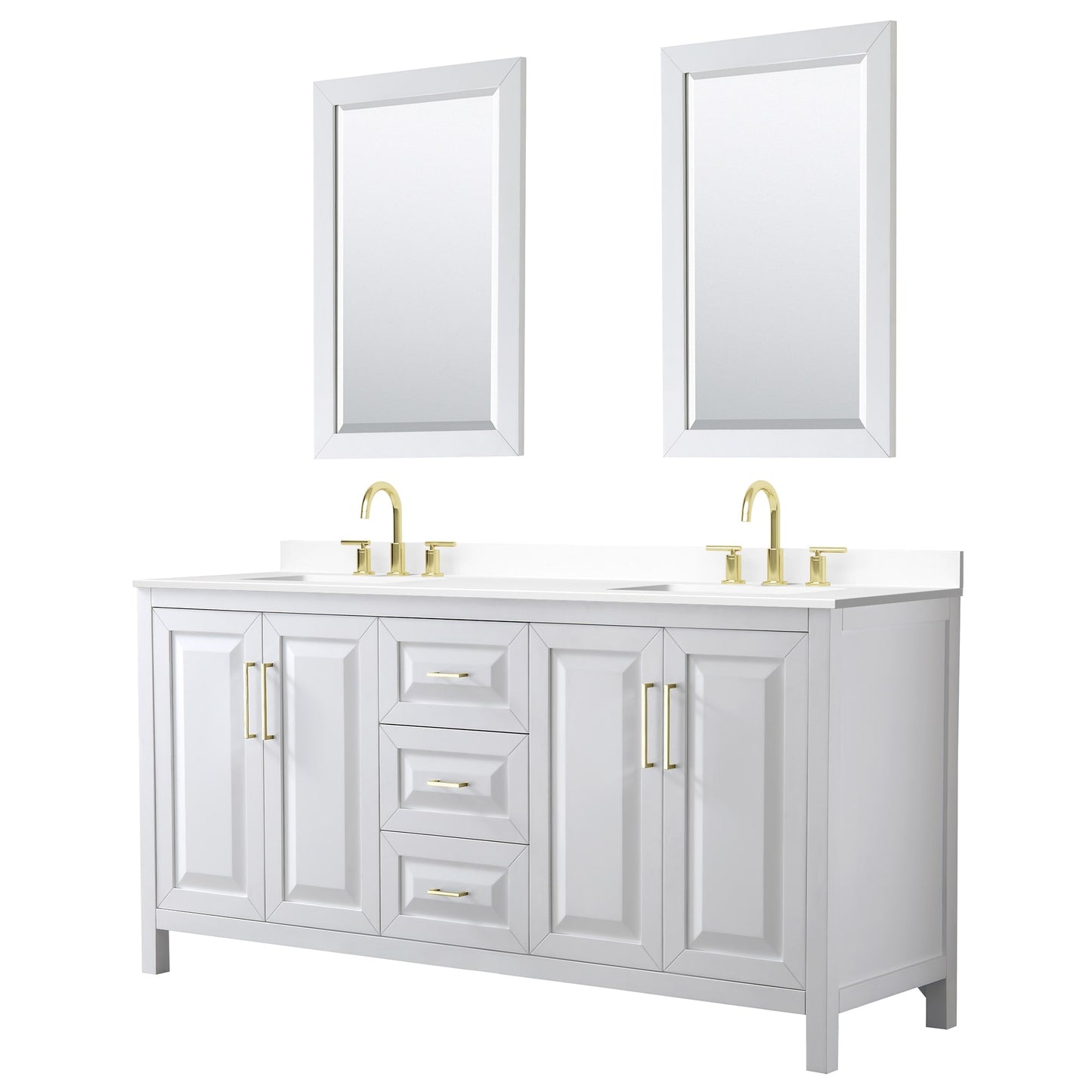 Wyndham Collection Daria 72" Double Bathroom Vanity in White, White Cultured Marble Countertop, Undermount Square Sinks (3-Hole), 24" Mirrors, Brushed Gold Trim