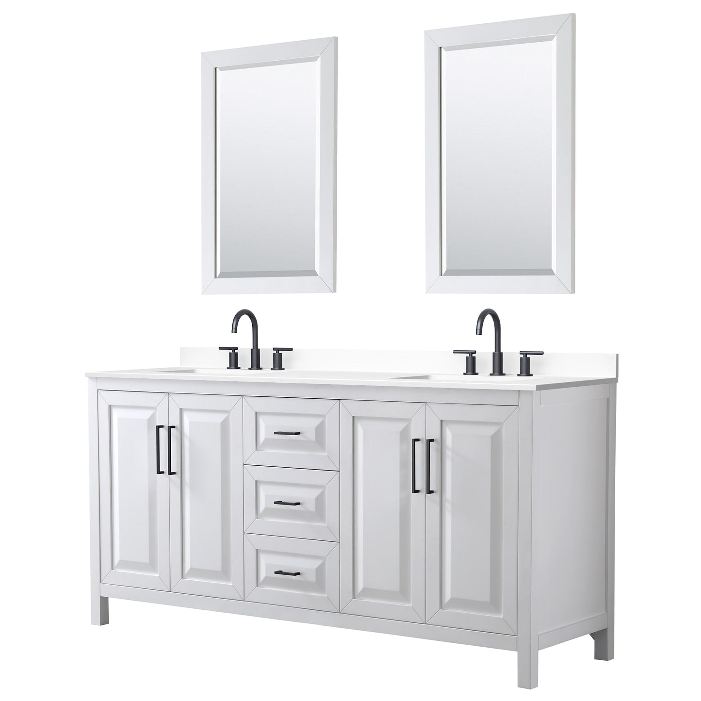 Wyndham Collection Daria 72" Double Bathroom Vanity in White, White Cultured Marble Countertop, Undermount Square Sinks (3-Hole), Matte Black Trim, 24" Mirrors