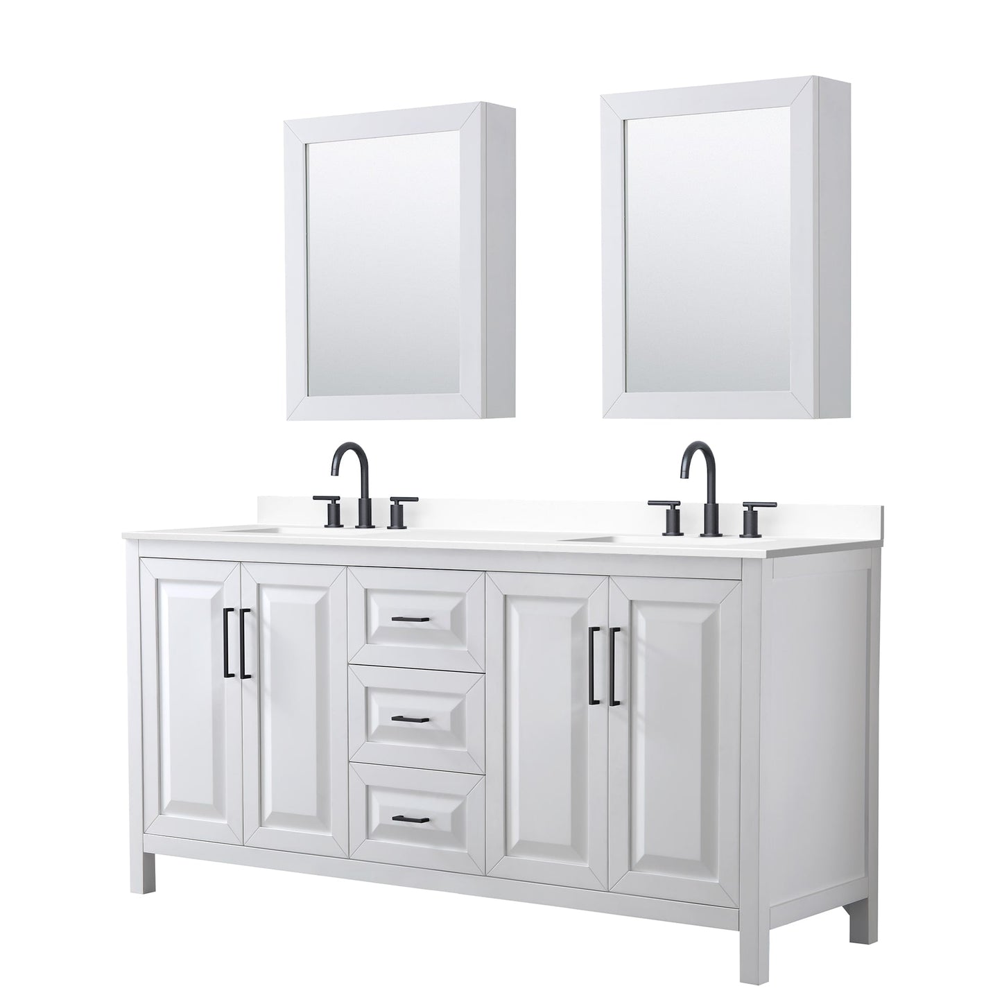 Wyndham Collection Daria 72" Double Bathroom Vanity in White, White Cultured Marble Countertop, Undermount Square Sinks (3-Hole), Matte Black Trim, Medicine Cabinets