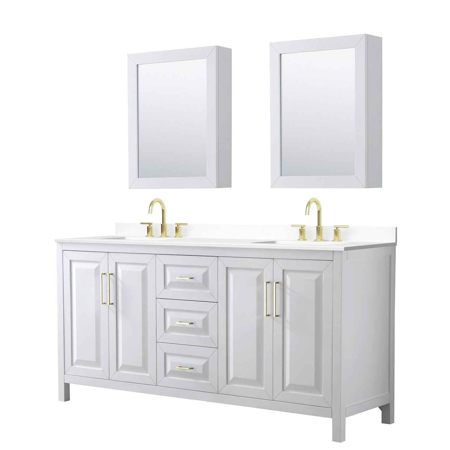 Wyndham Collection Daria 72" Double Bathroom Vanity in White, White Cultured Marble Countertop, Undermount Square Sinks (3-Hole), Medicine Cabinets, Brushed Gold Trim