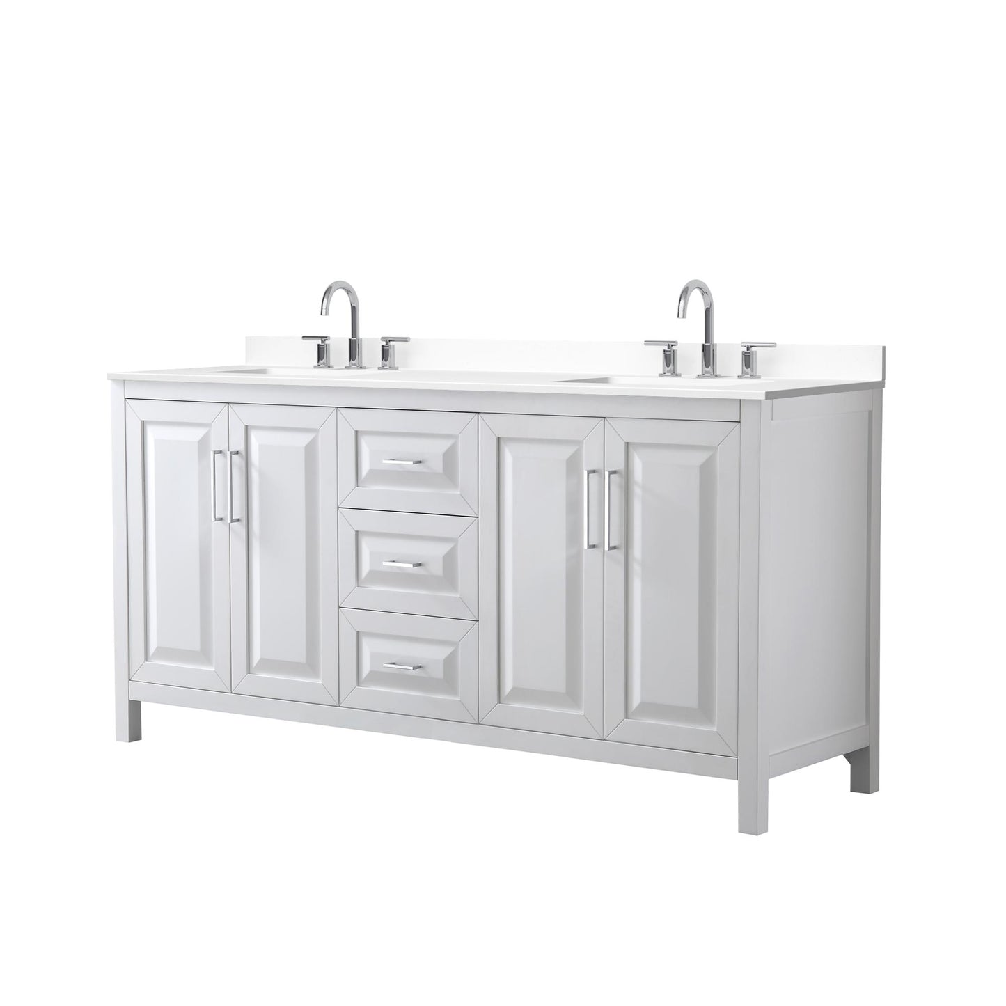 Wyndham Collection Daria 72" Double Bathroom Vanity in White, White Cultured Marble Countertop, Undermount Square Sinks (3-Hole), Polished Chrome Trim