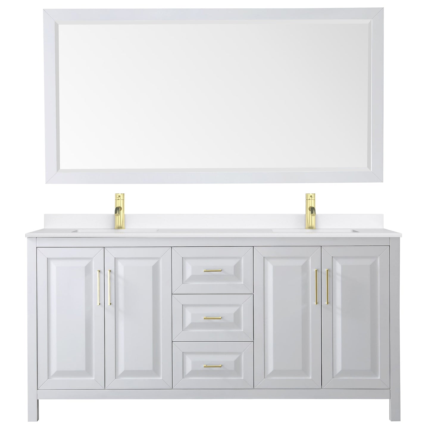 Wyndham Collection Daria 72" Double Bathroom Vanity in White, White Quartz Countertop, Undermount Square Sinks (1-Hole), Brushed Gold Trim, 70" Mirror
