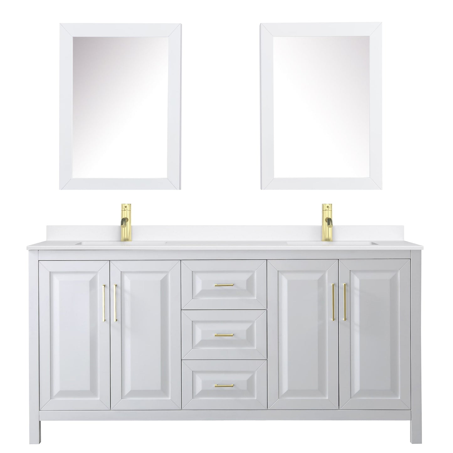 Wyndham Collection Daria 72" Double Bathroom Vanity in White, White Quartz Countertop, Undermount Square Sinks (1-Hole), Brushed Gold Trim, Medicine Cabinets