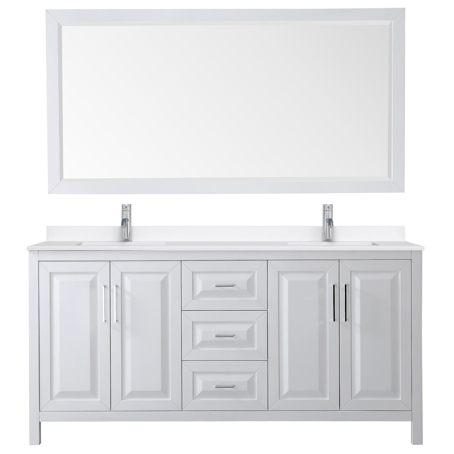 Wyndham Collection Daria 72" Double Bathroom Vanity in White, White Quartz Countertop, Undermount Square Sinks (1-Hole), Polished Chrome Trim, 70" Mirror