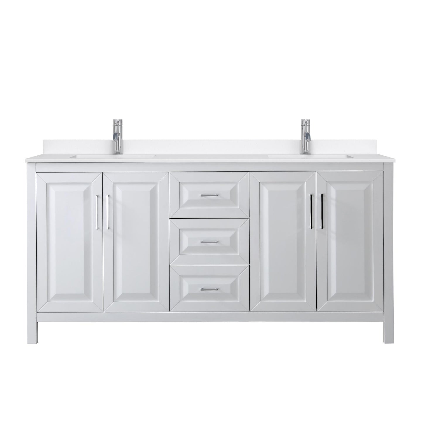 Wyndham Collection Daria 72" Double Bathroom Vanity in White, White Quartz Countertop, Undermount Square Sinks (1-Hole), Polished Chrome Trim