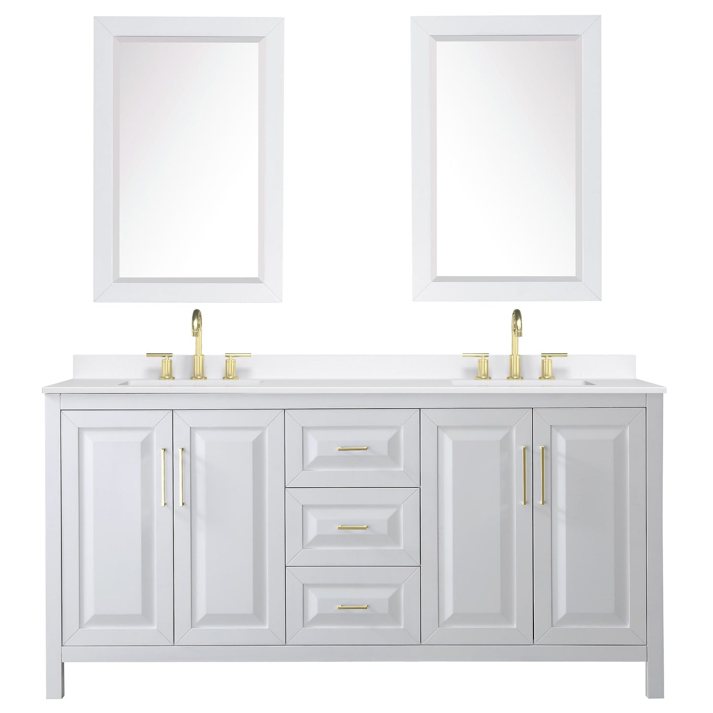 Wyndham Collection Daria 72" Double Bathroom Vanity in White, White Quartz Countertop, Undermount Square Sinks (3-Hole), Brushed Gold Trim, 24" Mirrors