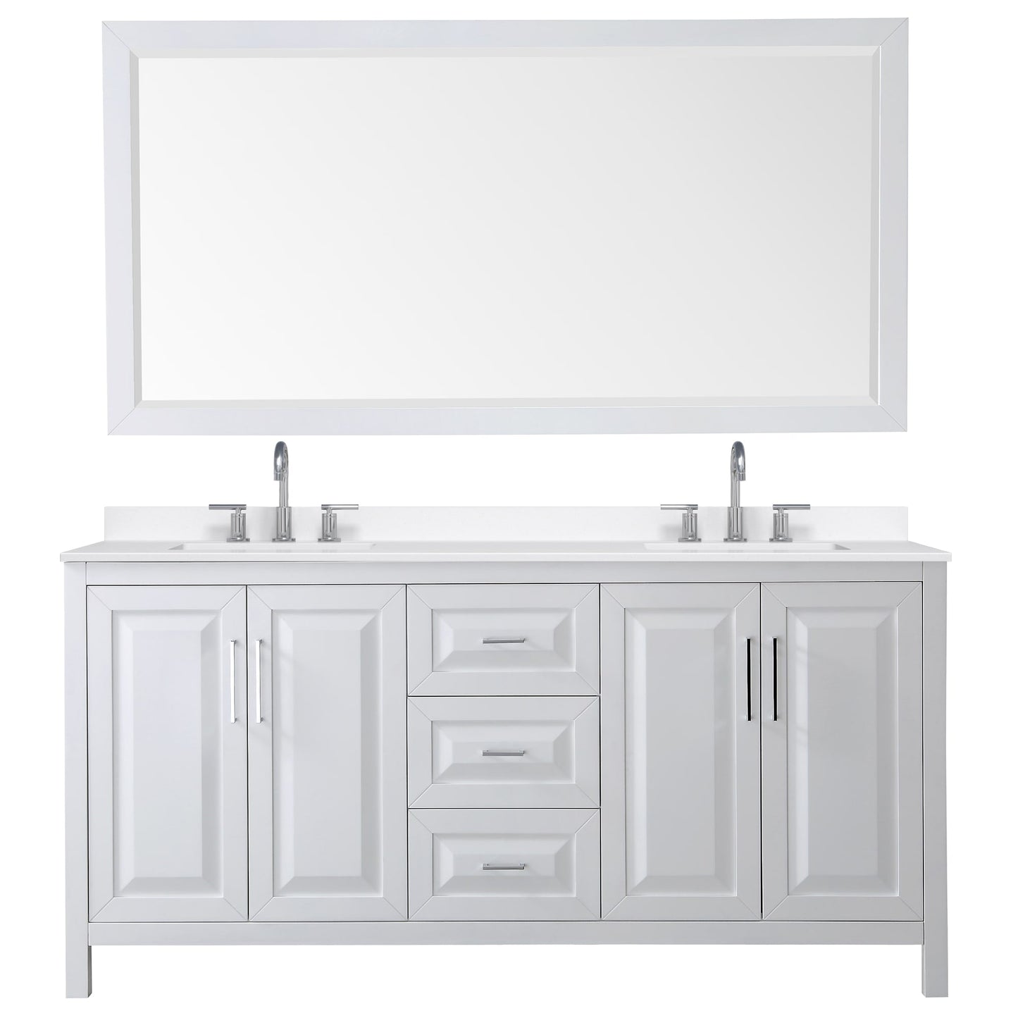 Wyndham Collection Daria 72" Double Bathroom Vanity in White, White Quartz Countertop, Undermount Square Sinks (3-Hole), Polished Chrome Trim, 70" Mirror