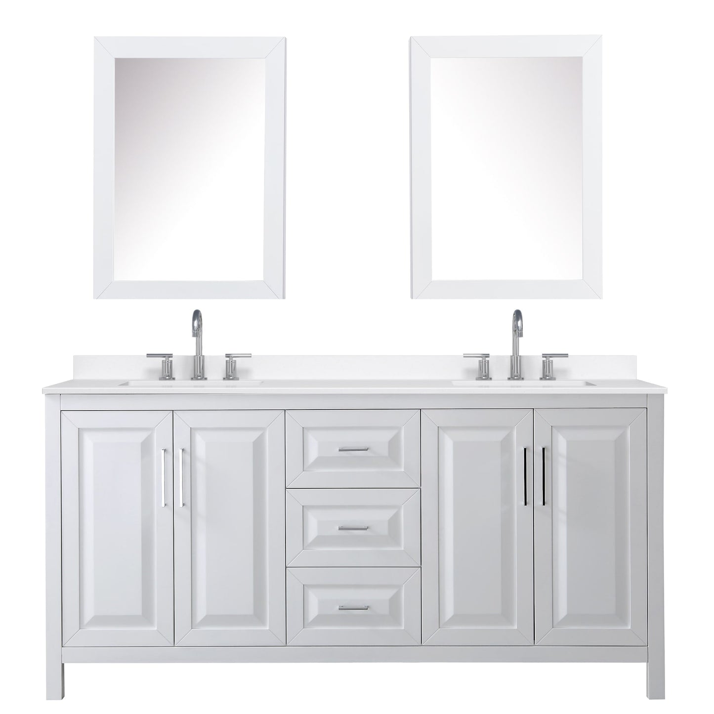 Wyndham Collection Daria 72" Double Bathroom Vanity in White, White Quartz Countertop, Undermount Square Sinks (3-Hole), Polished Chrome Trim, Medicine Cabinets