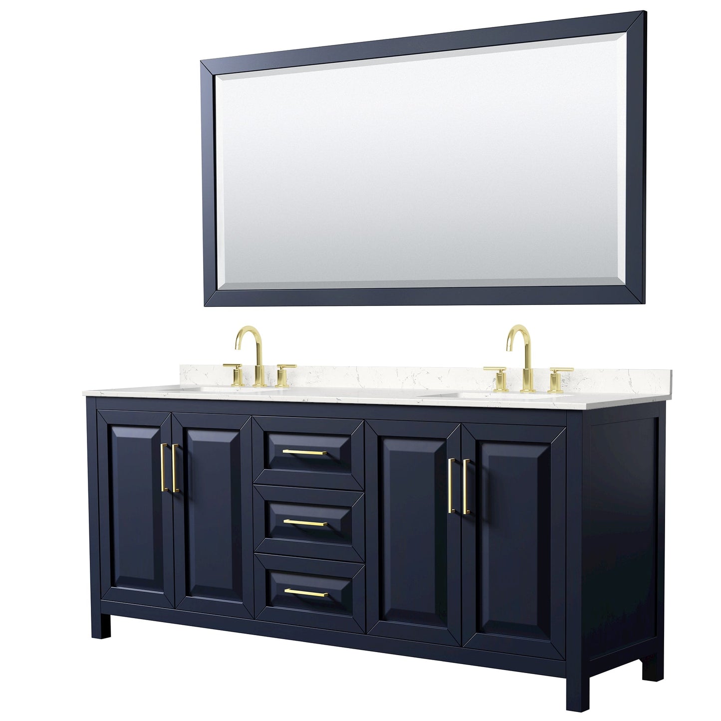 Wyndham Collection Daria 80" Double Bathroom Vanity in Dark Blue, Carrara Cultured Marble Countertop, Undermount Square Sinks (3-Hole), Brushed Gold Trim, 70" Mirror