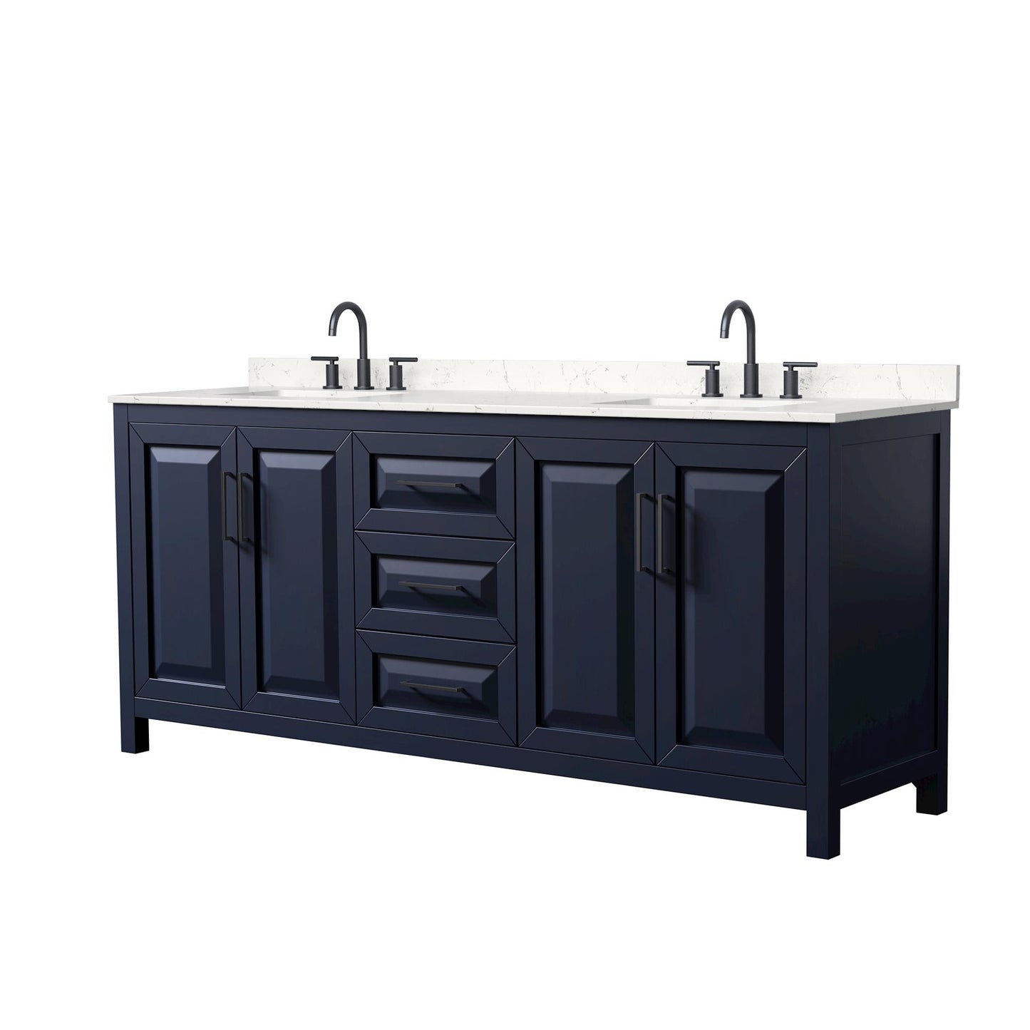 Wyndham Collection Daria 80" Double Bathroom Vanity in Dark Blue, Carrara Cultured Marble Countertop, Undermount Square Sinks (3-Hole), Matte Black Trim