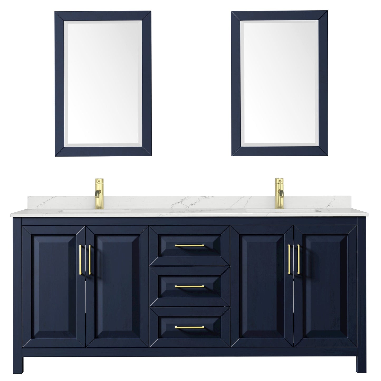 Wyndham Collection Daria 80" Double Bathroom Vanity in Dark Blue, Giotto Quartz Countertop, Undermount Square Sinks (1-Hole), Brushed Gold Trim, 24" Mirrors