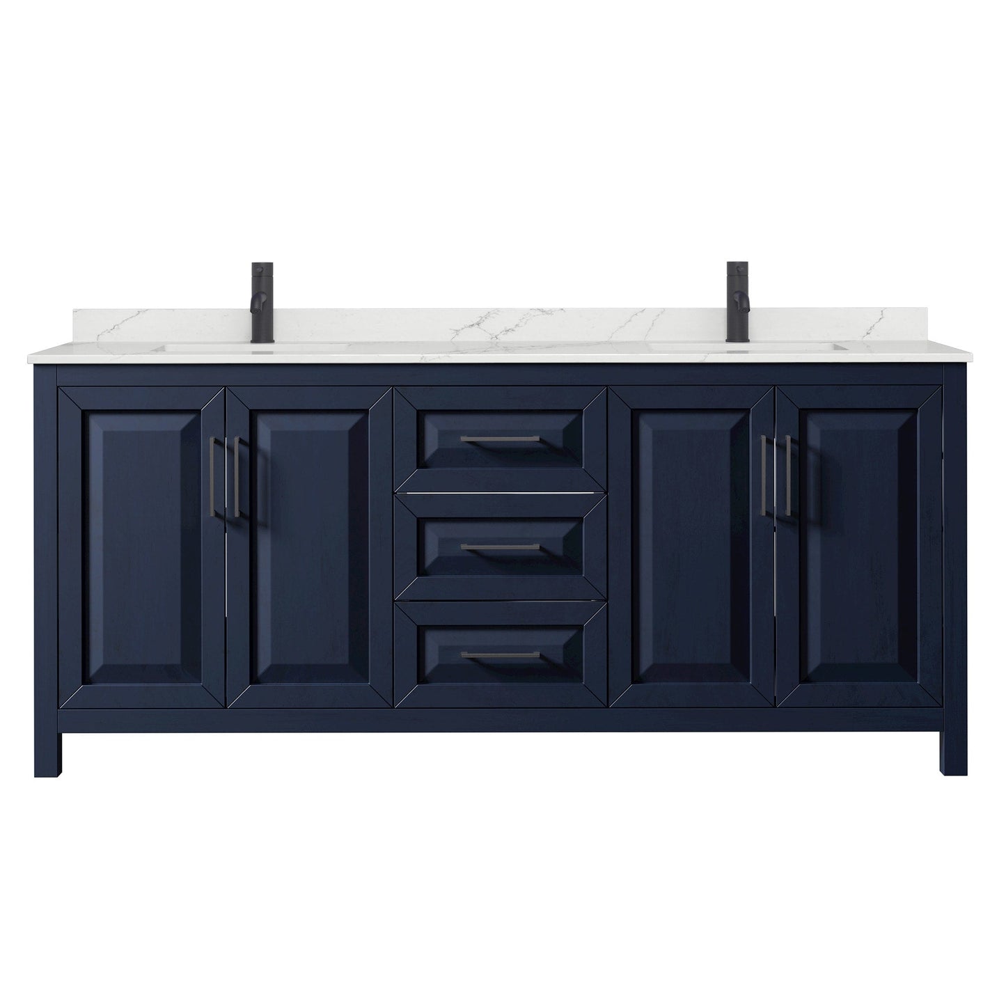 Wyndham Collection Daria 80" Double Bathroom Vanity in Dark Blue, Giotto Quartz Countertop, Undermount Square Sinks (1-Hole), Matte Black Trim