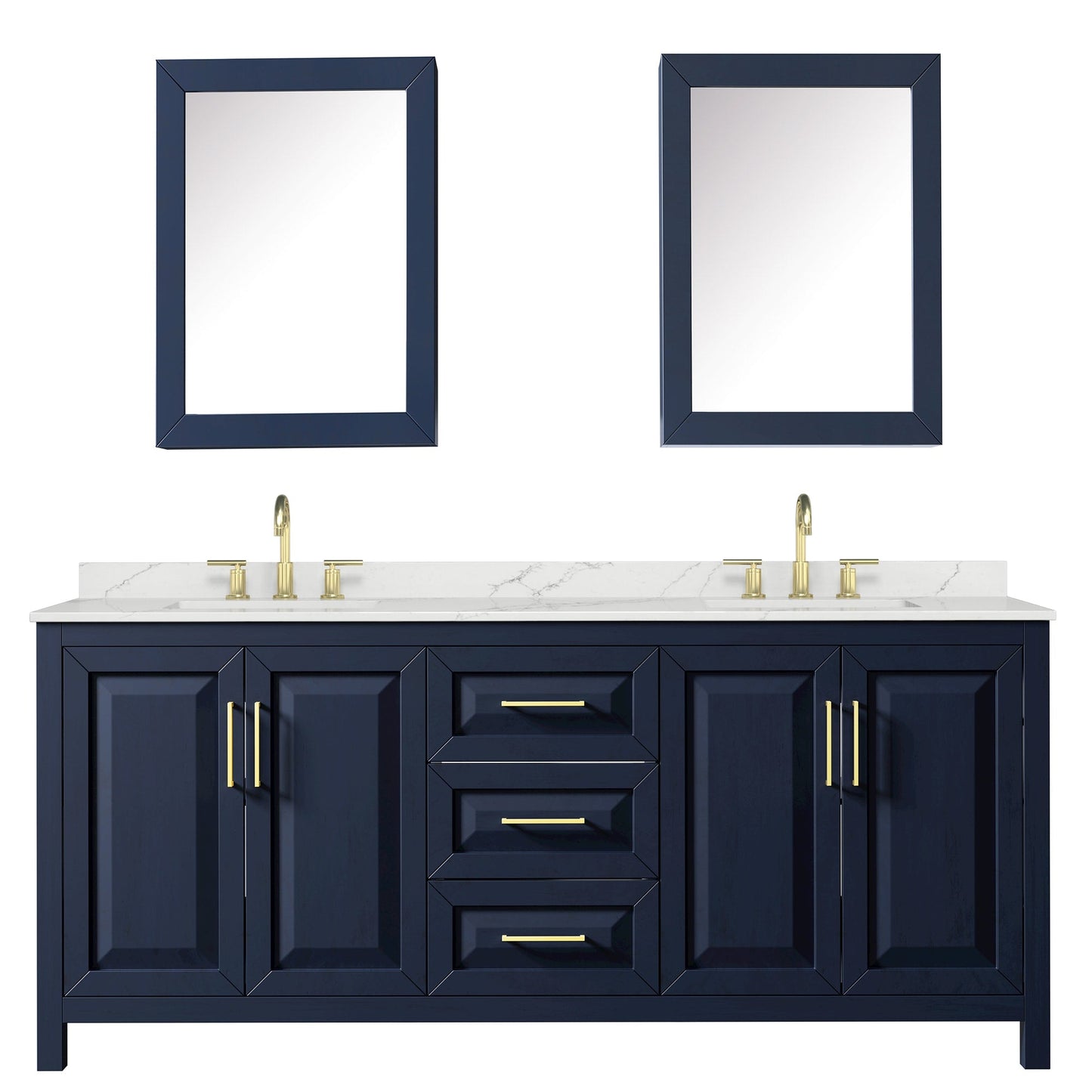 Wyndham Collection Daria 80" Double Bathroom Vanity in Dark Blue, Giotto Quartz Countertop, Undermount Square Sinks (3-Hole), Brushed Gold Trim, Medicine Cabinets