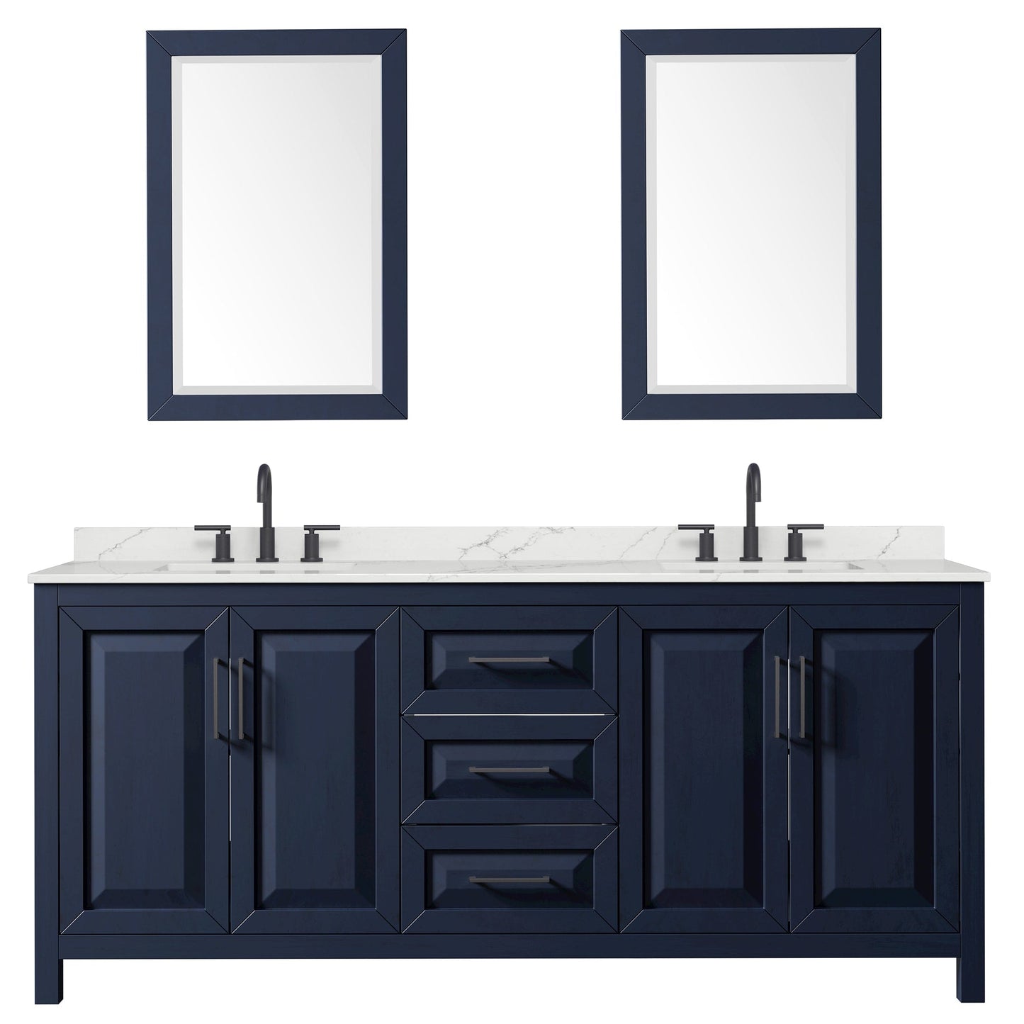 Wyndham Collection Daria 80" Double Bathroom Vanity in Dark Blue, Giotto Quartz Countertop, Undermount Square Sinks (3-Hole), Matte Black Trim, 24" Mirrors