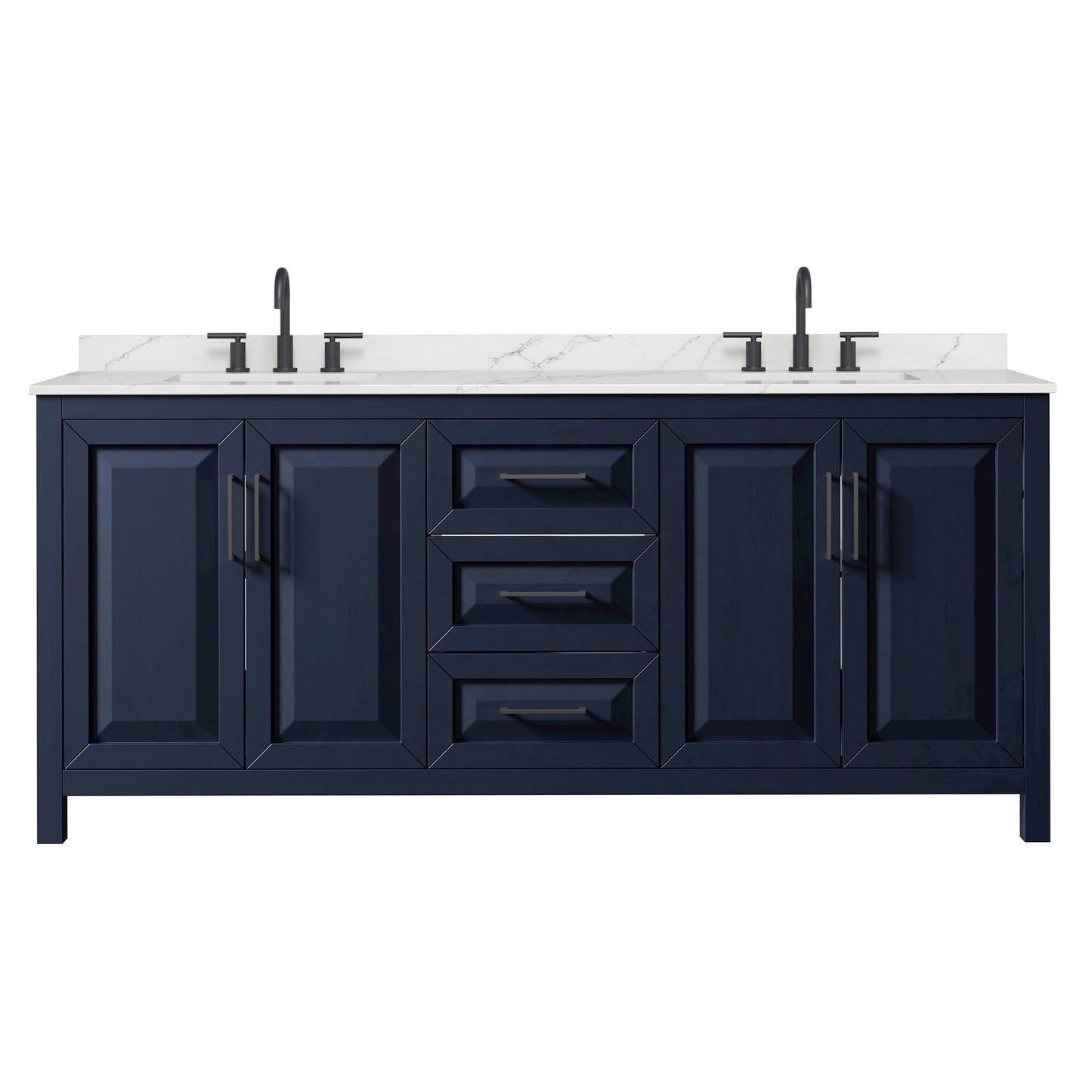Wyndham Collection Daria 80" Double Bathroom Vanity in Dark Blue, Giotto Quartz Countertop, Undermount Square Sinks (3-Hole), Matte Black Trim