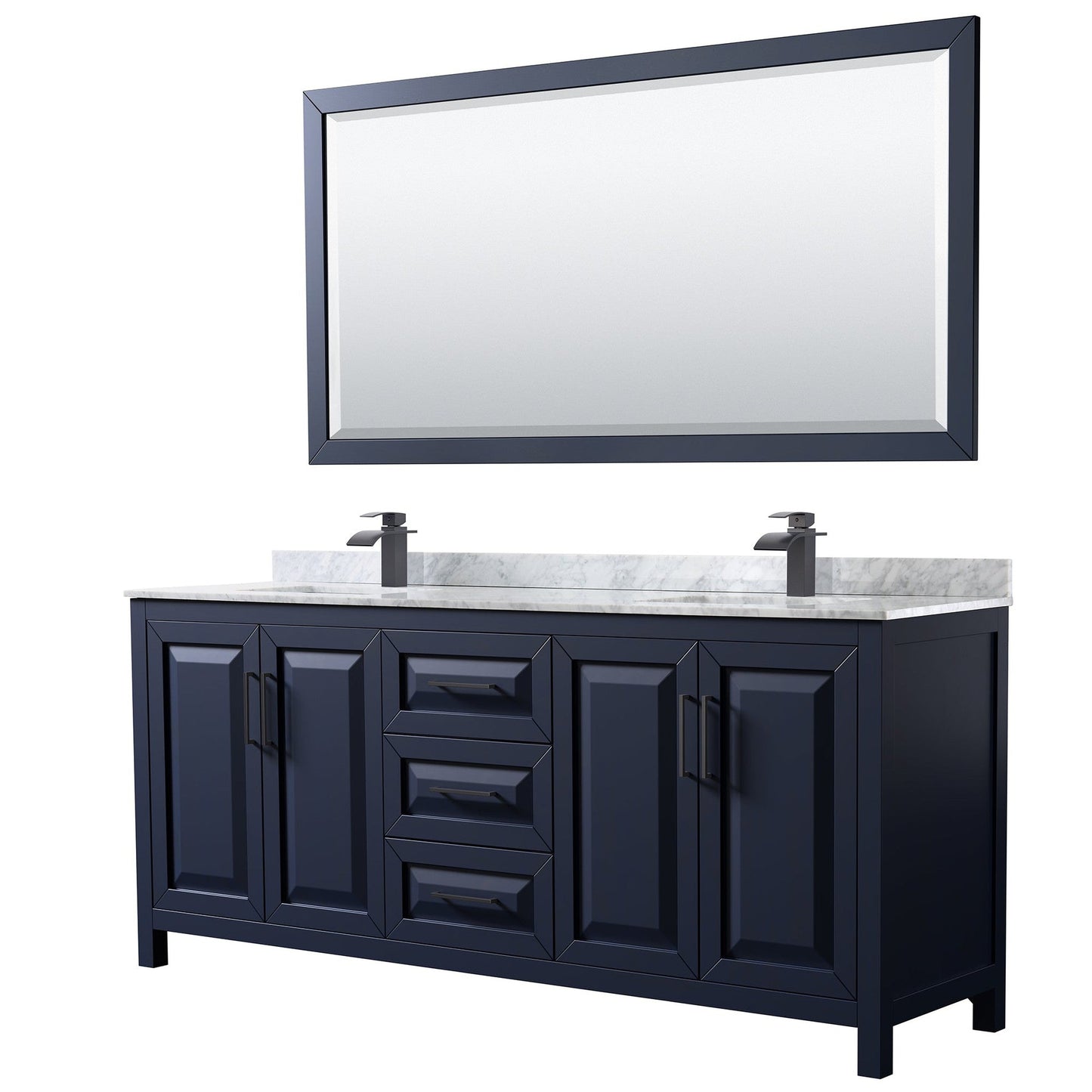 Wyndham Collection Daria 80" Double Bathroom Vanity in Dark Blue, White Carrara Marble Countertop, Undermount Square Sinks, Matte Black Trim, 70" Mirror