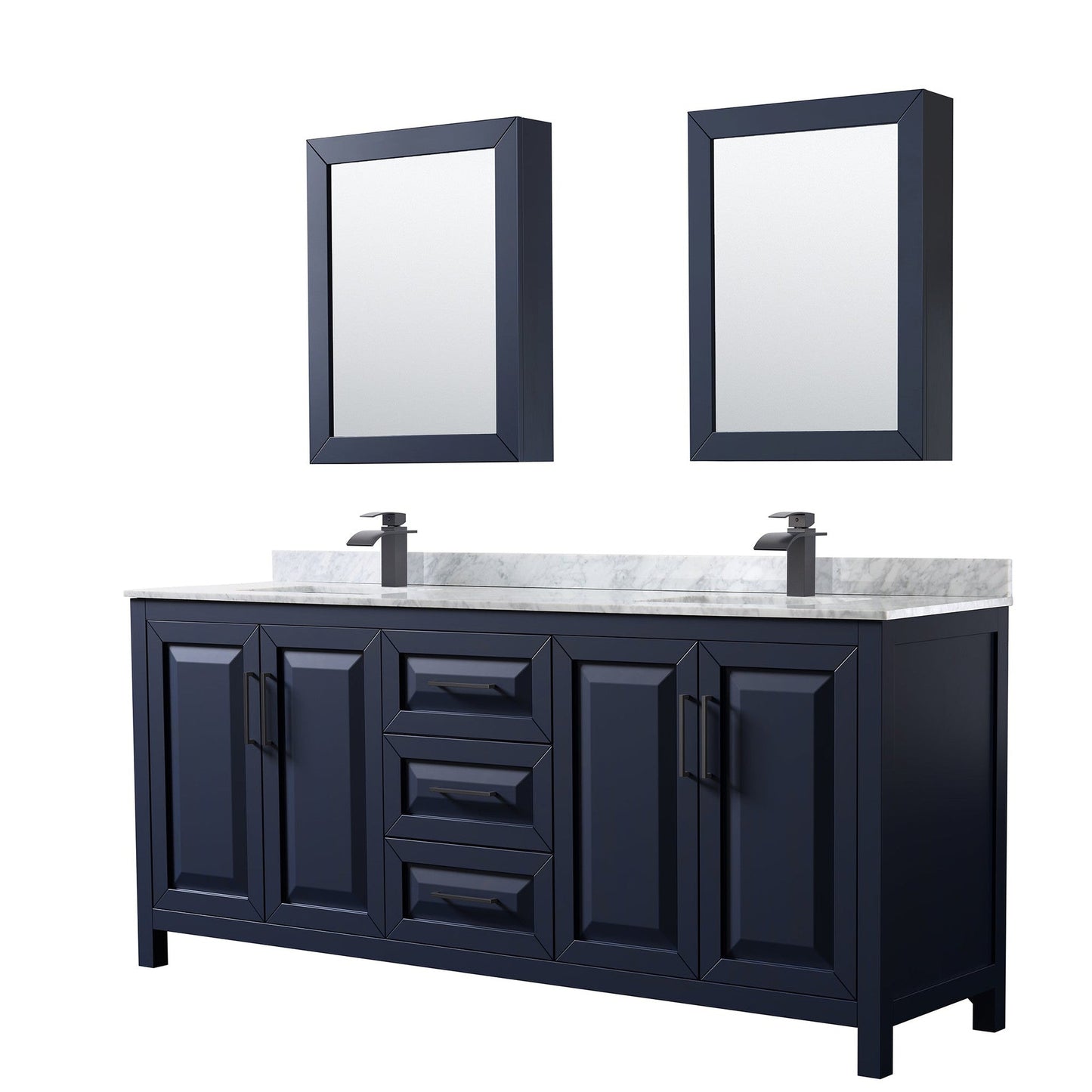 Wyndham Collection Daria 80" Double Bathroom Vanity in Dark Blue, White Carrara Marble Countertop, Undermount Square Sinks, Matte Black Trim, Medicine Cabinets
