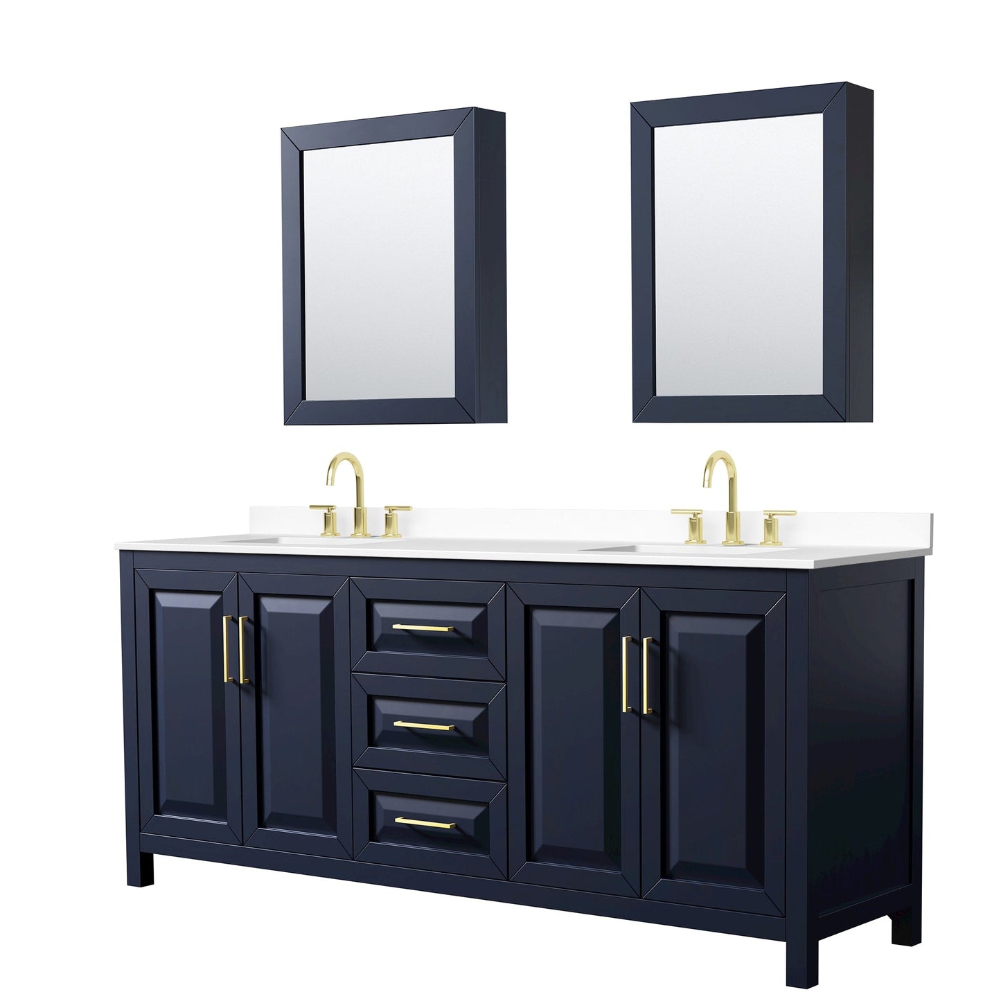 Wyndham Collection Daria 80" Double Bathroom Vanity in Dark Blue, White Cultured Marble Countertop, Undermount Square Sinks (3-Hole), Brushed Gold Trim, Medicine Cabinets