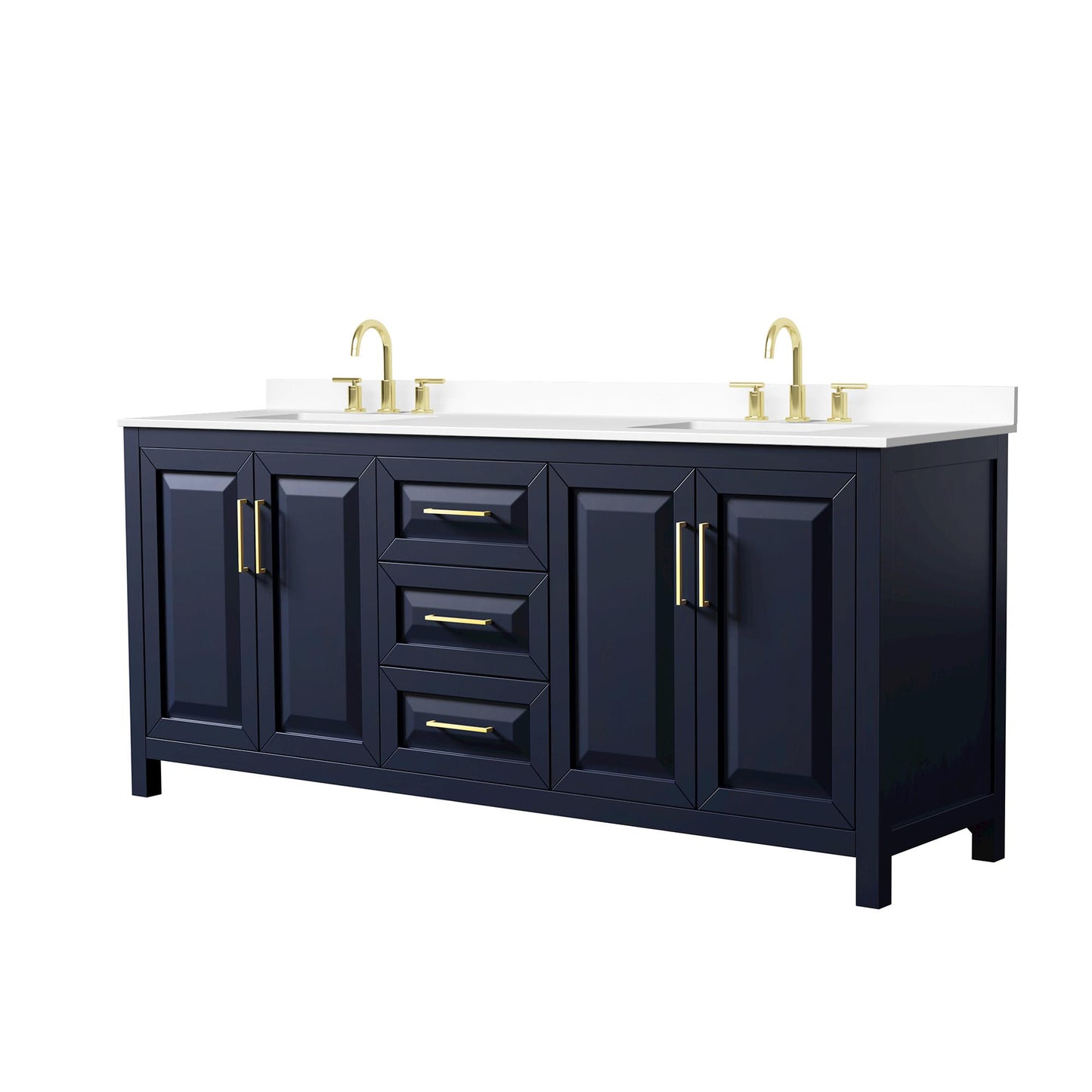 Wyndham Collection Daria 80" Double Bathroom Vanity in Dark Blue, White Cultured Marble Countertop, Undermount Square Sinks (3-Hole), Brushed Gold Trim