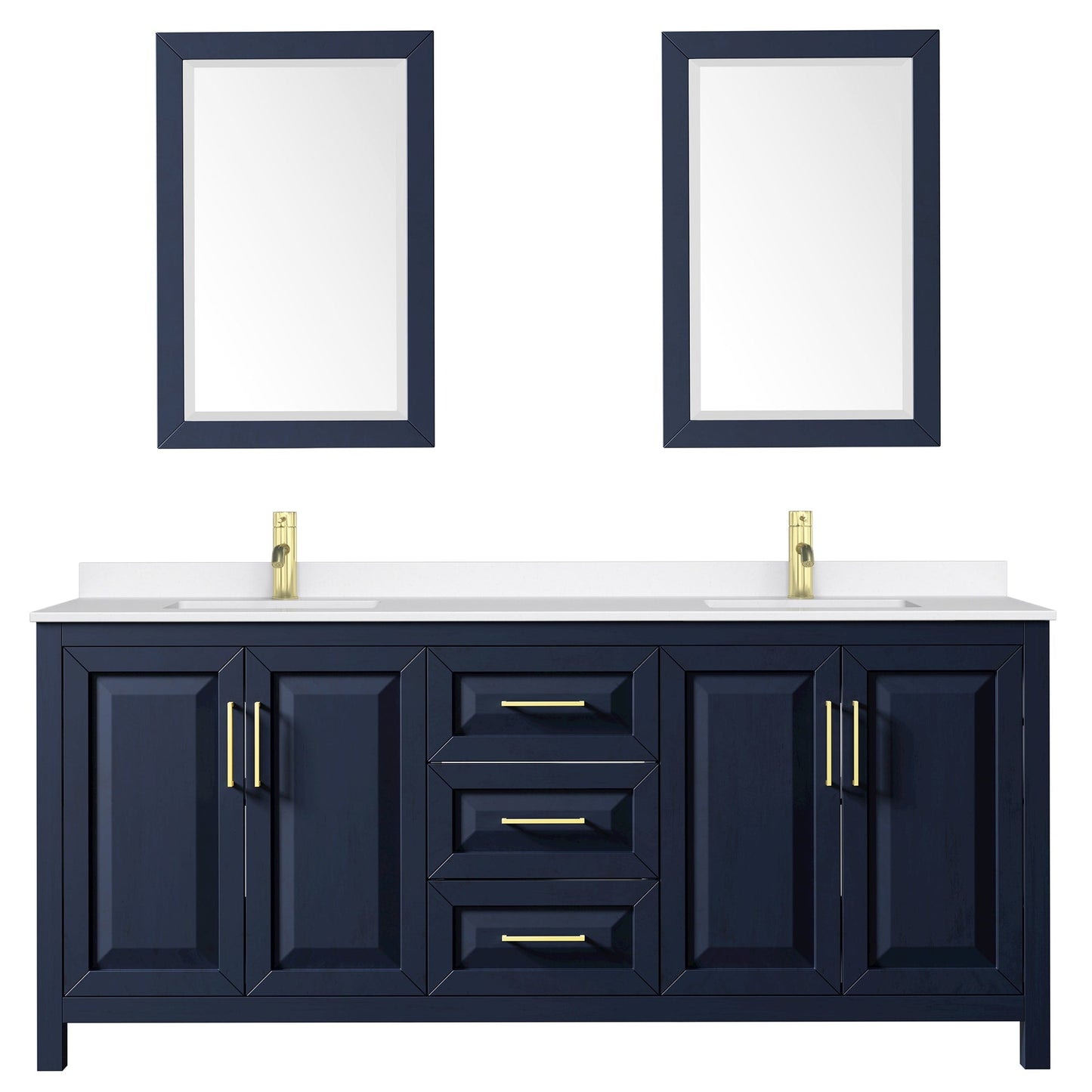 Wyndham Collection Daria 80" Double Bathroom Vanity in Dark Blue, White Quartz Countertop, Undermount Square Sinks (1-Hole), Brushed Gold Trim, 24" Mirrors