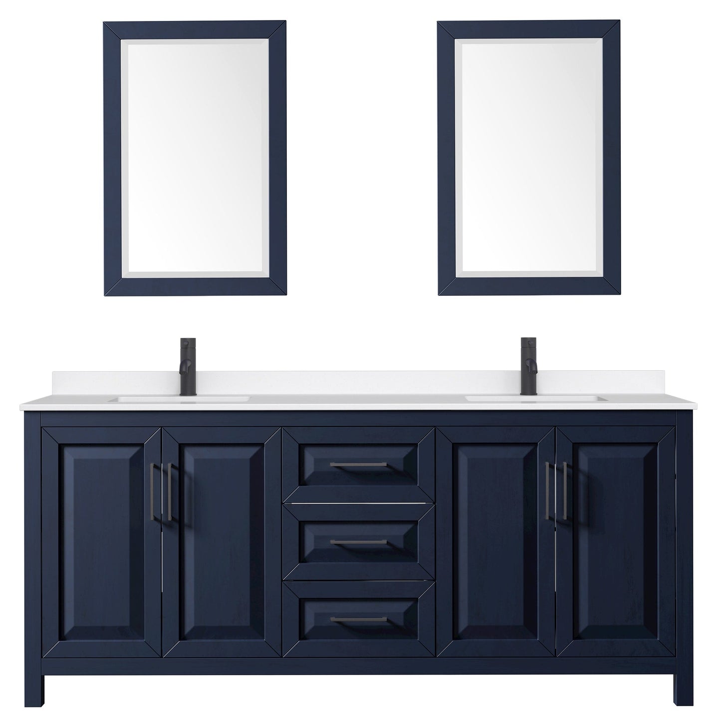 Wyndham Collection Daria 80" Double Bathroom Vanity in Dark Blue, White Quartz Countertop, Undermount Square Sinks (1-Hole), Matte Black Trim, 24" Mirrors