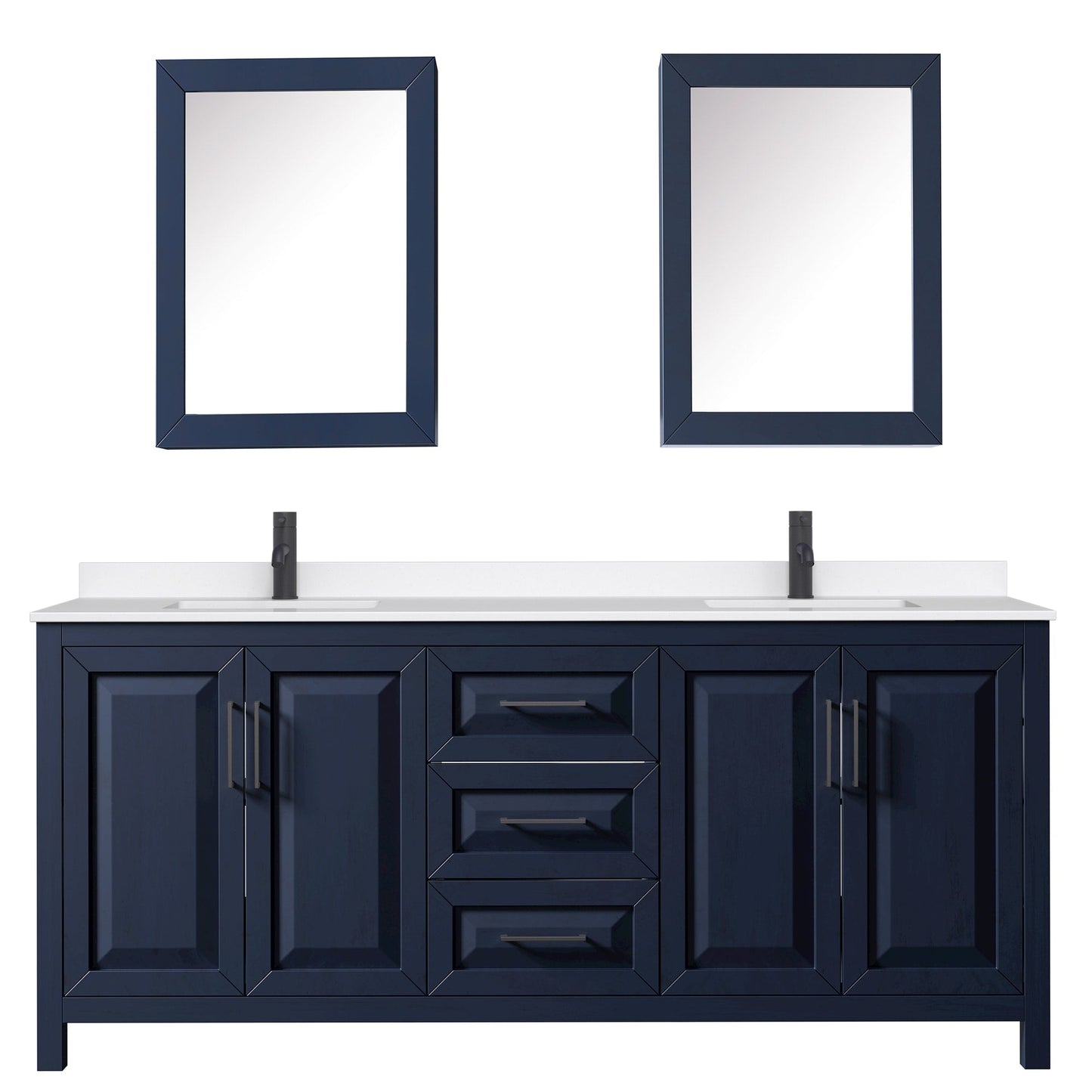 Wyndham Collection Daria 80" Double Bathroom Vanity in Dark Blue, White Quartz Countertop, Undermount Square Sinks (1-Hole), Matte Black Trim, Medicine Cabinets