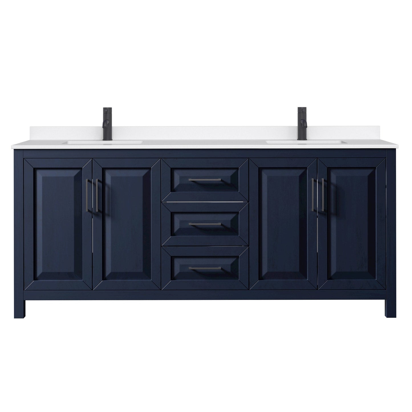 Wyndham Collection Daria 80" Double Bathroom Vanity in Dark Blue, White Quartz Countertop, Undermount Square Sinks (1-Hole), Matte Black Trim