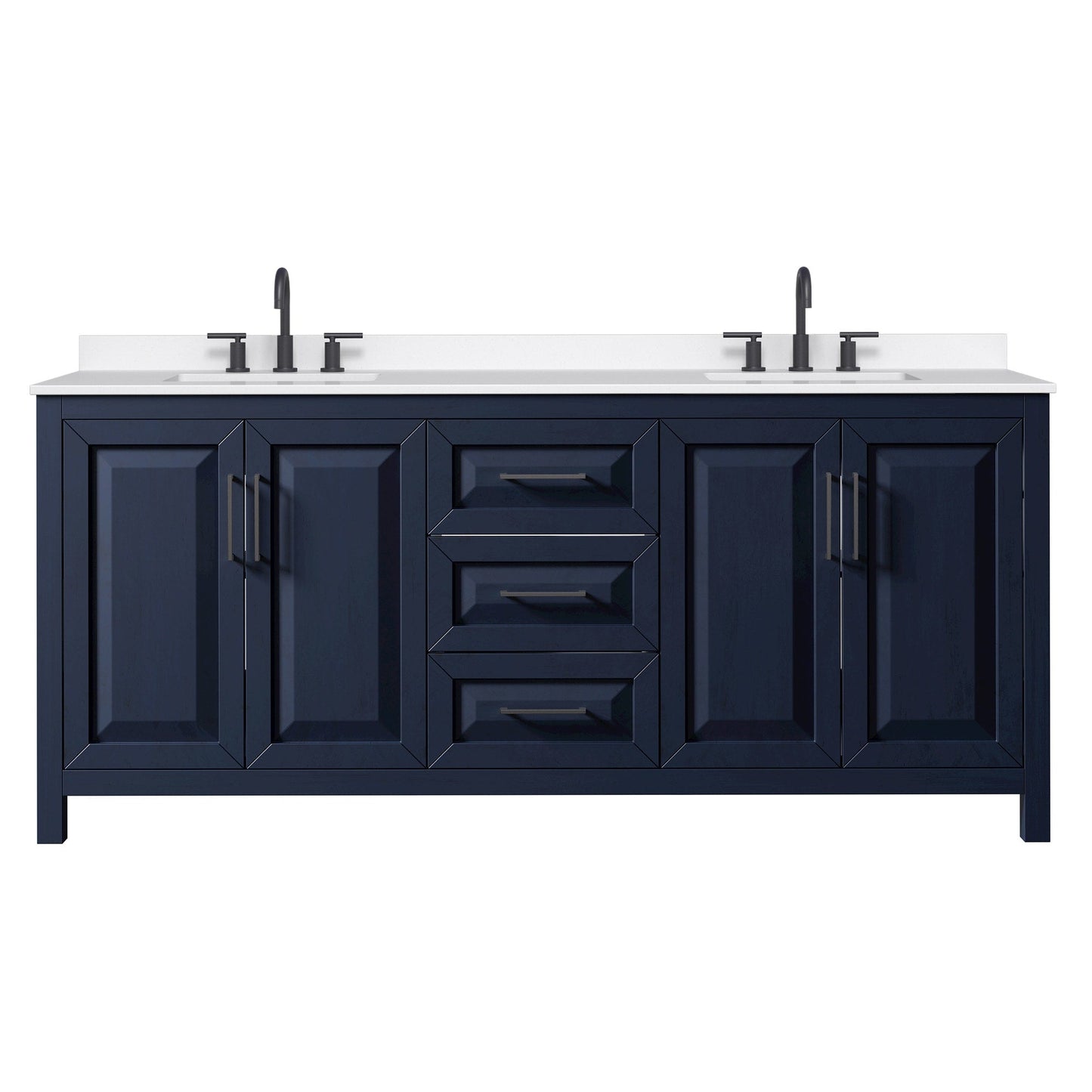 Wyndham Collection Daria 80" Double Bathroom Vanity in Dark Blue, White Quartz Countertop, Undermount Square Sinks (3-Hole), Matte Black Trim