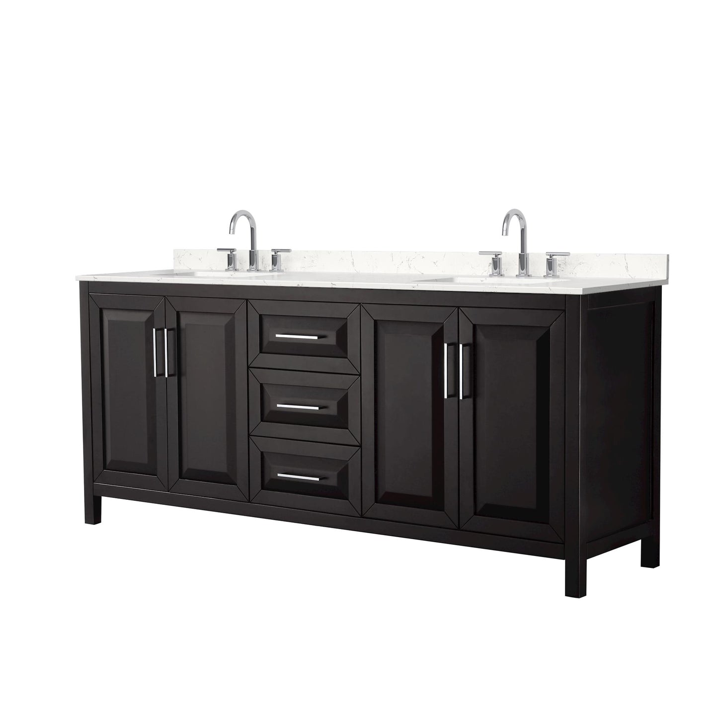 Wyndham Collection Daria 80" Double Bathroom Vanity in Dark Espresso, Carrara Cultured Marble Countertop, Undermount Square Sinks (3-Hole), Polished Chrome Trim