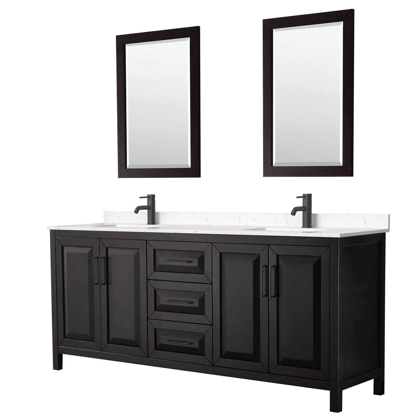Wyndham Collection Daria 80" Double Bathroom Vanity in Dark Espresso, Carrara Cultured Marble Countertop, Undermount Square Sinks, Matte Black Trim, 24" Mirrors