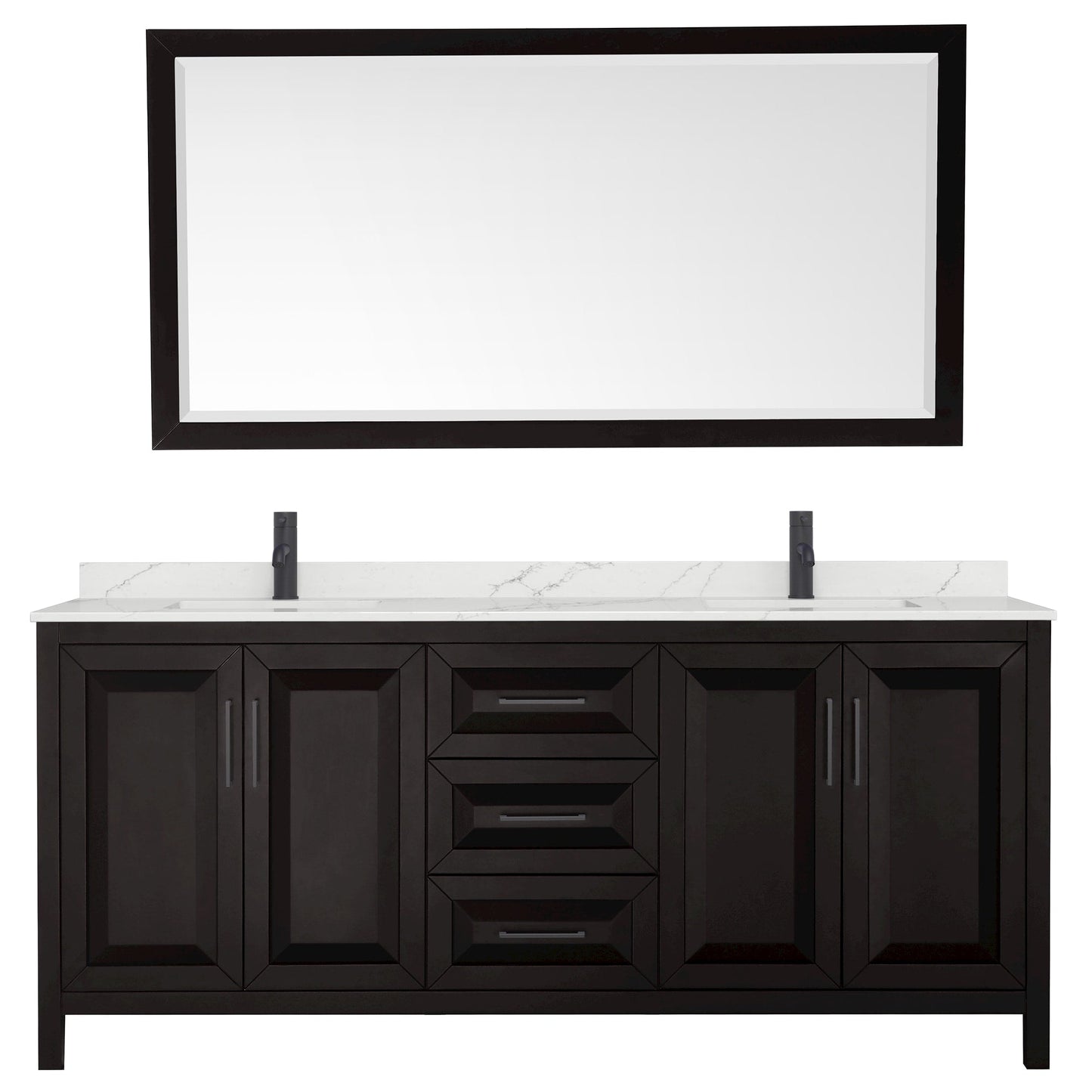 Wyndham Collection Daria 80" Double Bathroom Vanity in Dark Espresso, Giotto Quartz Countertop, Undermount Square Sinks (1-Hole), Matte Black Trim, 70" Mirror