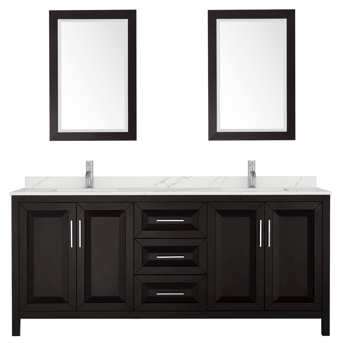 Wyndham Collection Daria 80" Double Bathroom Vanity in Dark Espresso, Giotto Quartz Countertop, Undermount Square Sinks (1-Hole), Polished Chrome Trim, 24" Mirrors
