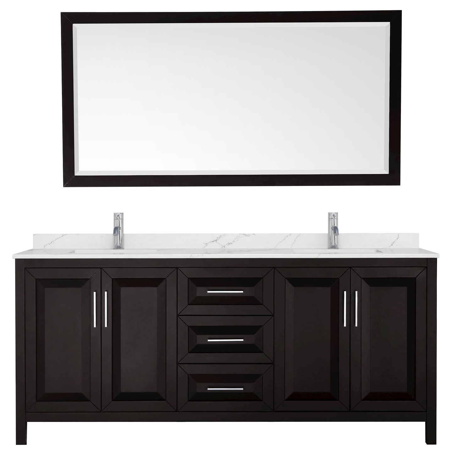 Wyndham Collection Daria 80" Double Bathroom Vanity in Dark Espresso, Giotto Quartz Countertop, Undermount Square Sinks (1-Hole), Polished Chrome Trim, 70" Mirror