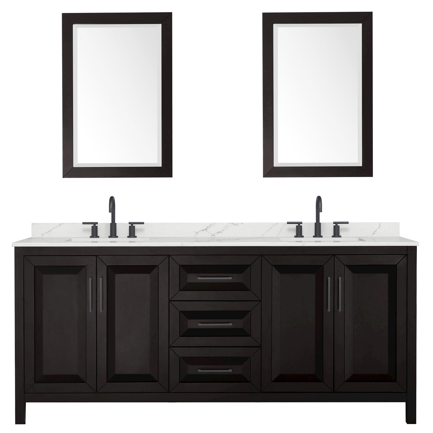 Wyndham Collection Daria 80" Double Bathroom Vanity in Dark Espresso, Giotto Quartz Countertop, Undermount Square Sinks (3-Hole), Matte Black Trim, 24" Mirrors