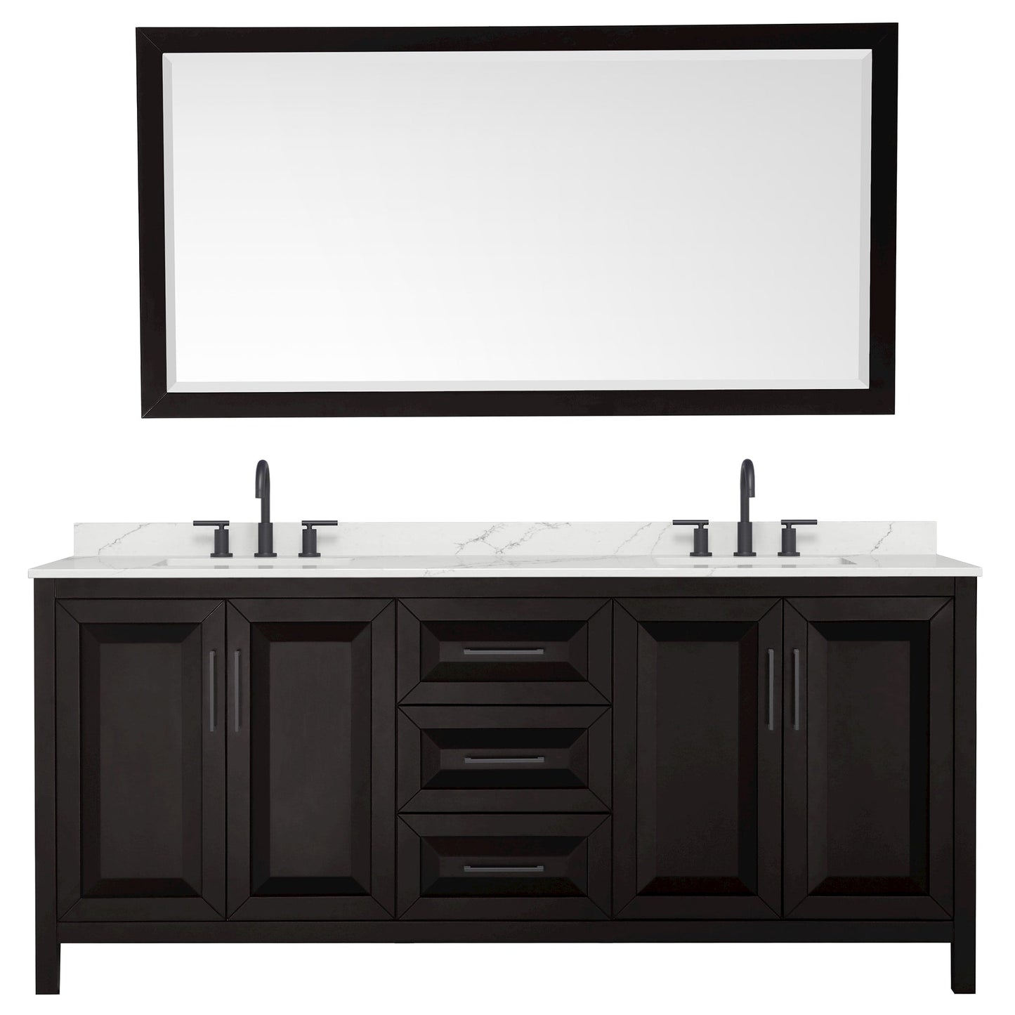 Wyndham Collection Daria 80" Double Bathroom Vanity in Dark Espresso, Giotto Quartz Countertop, Undermount Square Sinks (3-Hole), Matte Black Trim, 70" Mirror