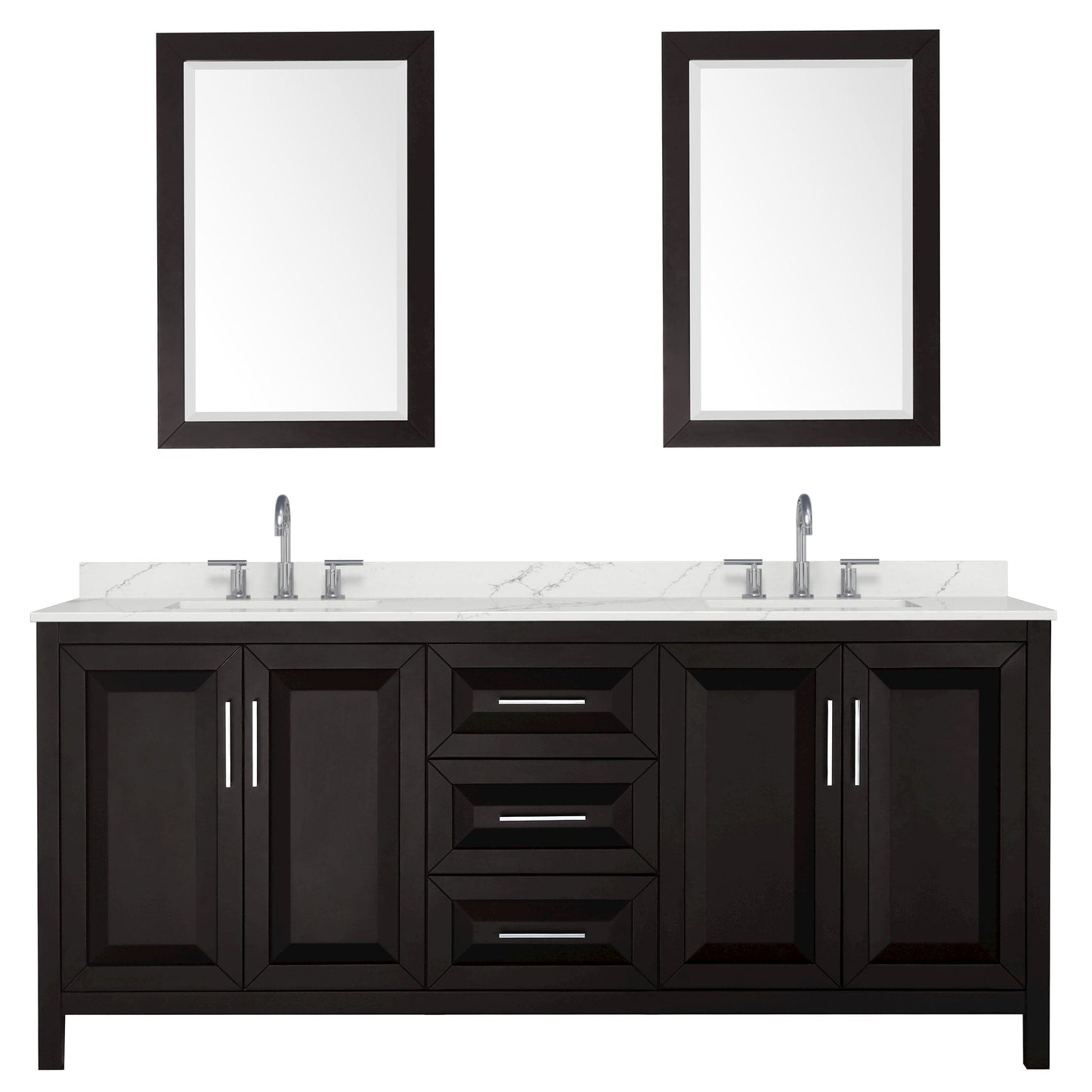 Wyndham Collection Daria 80" Double Bathroom Vanity in Dark Espresso, Giotto Quartz Countertop, Undermount Square Sinks (3-Hole), Polished Chrome Trim, 24" Mirrors