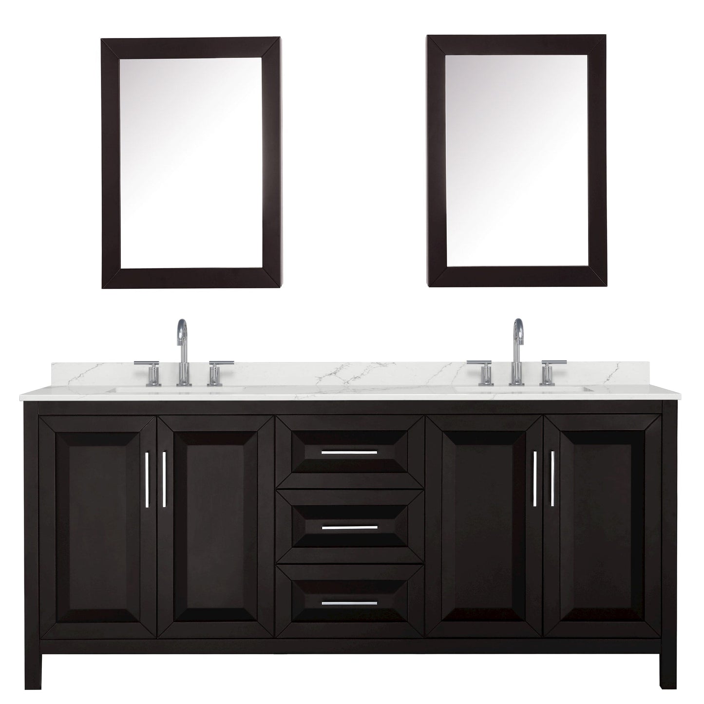 Wyndham Collection Daria 80" Double Bathroom Vanity in Dark Espresso, Giotto Quartz Countertop, Undermount Square Sinks (3-Hole), Polished Chrome Trim, Medicine Cabinets