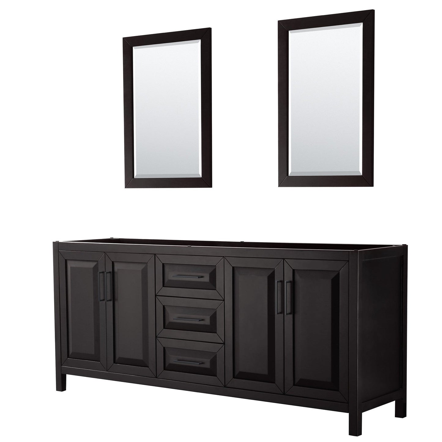 Wyndham Collection Daria 80" Double Bathroom Vanity in Dark Espresso, No Countertop, No Sink, Matte Black Trim, 24" Mirrors