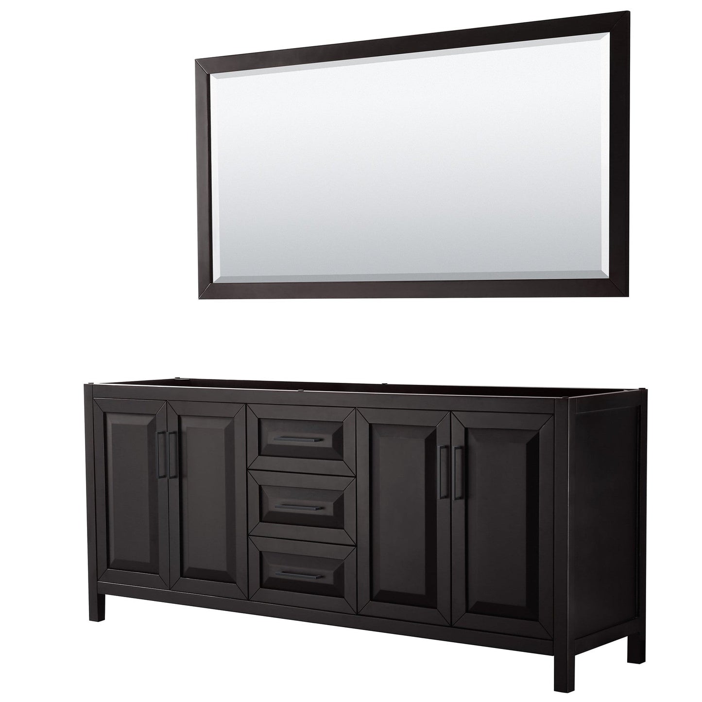 Wyndham Collection Daria 80" Double Bathroom Vanity in Dark Espresso, No Countertop, No Sink, Matte Black Trim, 70" Mirror