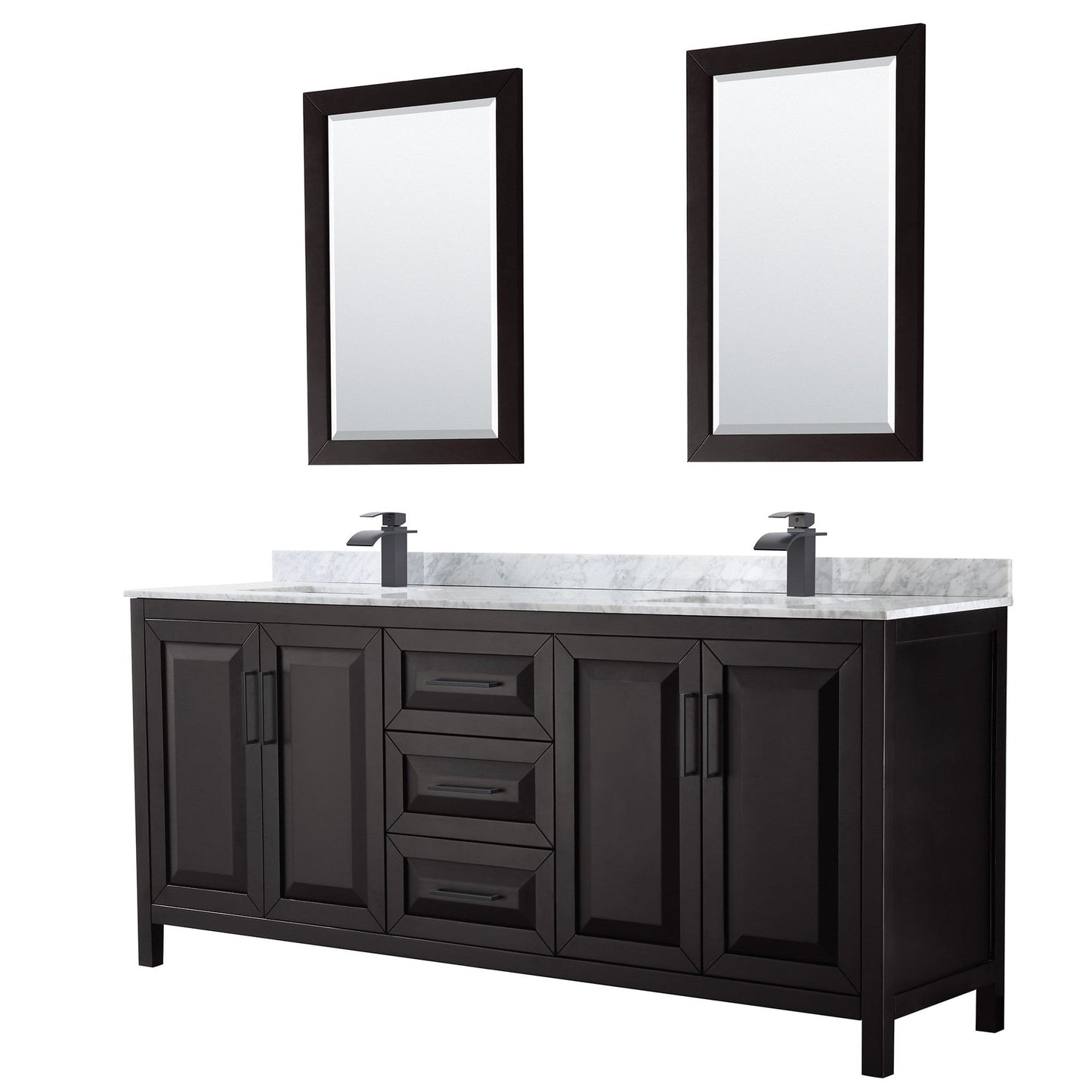 Wyndham Collection Daria 80" Double Bathroom Vanity in Dark Espresso, White Carrara Marble Countertop, Undermount Square Sinks, Matte Black Trim, 24" Mirrors