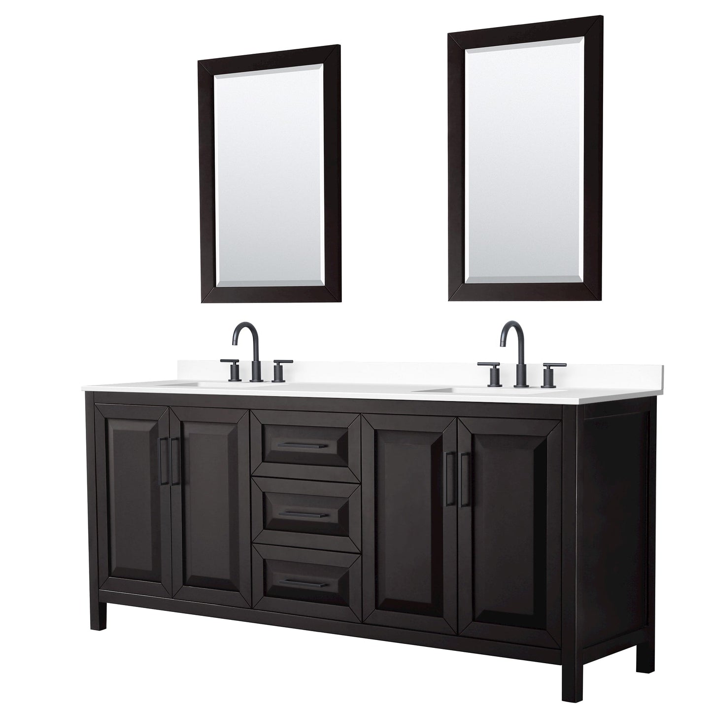 Wyndham Collection Daria 80" Double Bathroom Vanity in Dark Espresso, White Cultured Marble Countertop, Undermount Square Sinks (3-Hole), Matte Black Trim, 24" Mirrors