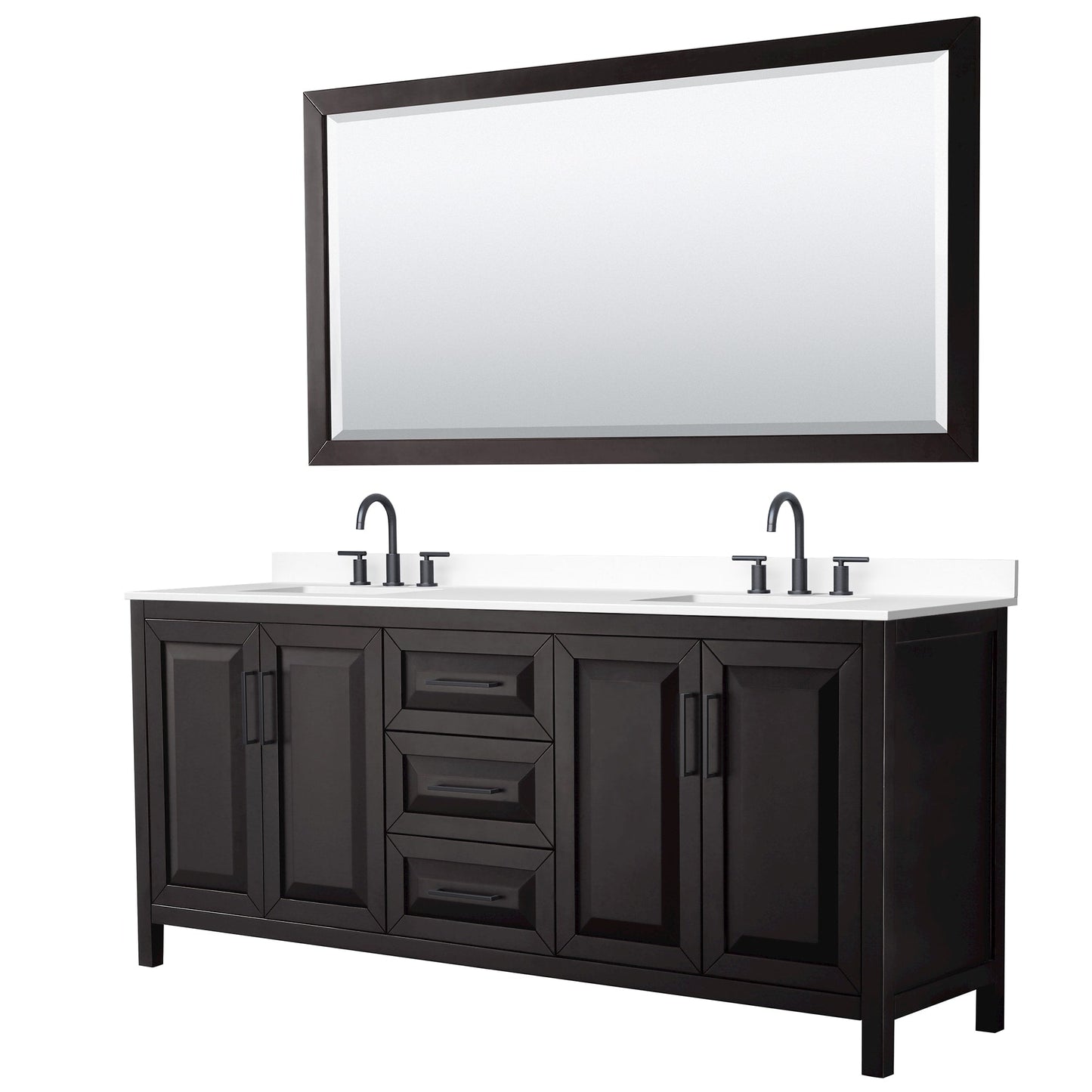 Wyndham Collection Daria 80" Double Bathroom Vanity in Dark Espresso, White Cultured Marble Countertop, Undermount Square Sinks (3-Hole), Matte Black Trim, 70" Mirror