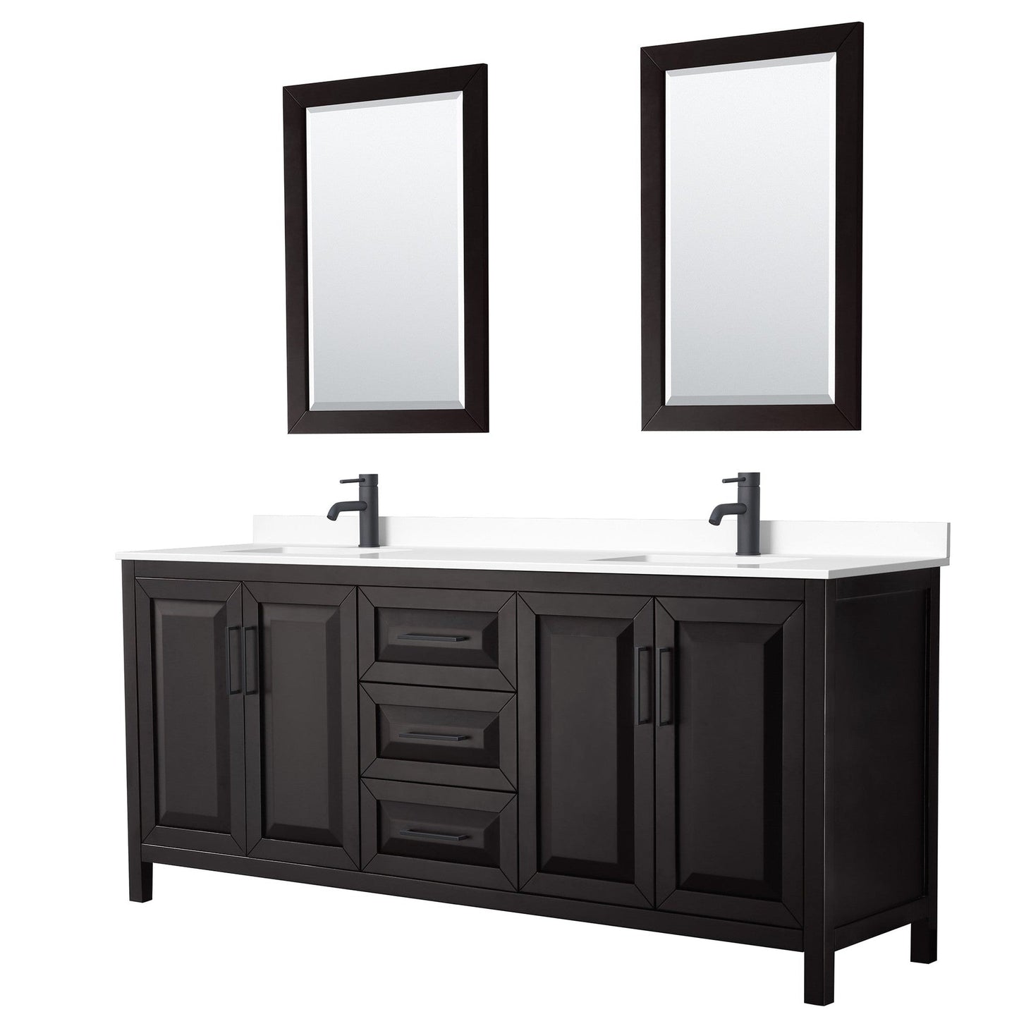 Wyndham Collection Daria 80" Double Bathroom Vanity in Dark Espresso, White Cultured Marble Countertop, Undermount Square Sinks, Matte Black Trim, 24" Mirrors