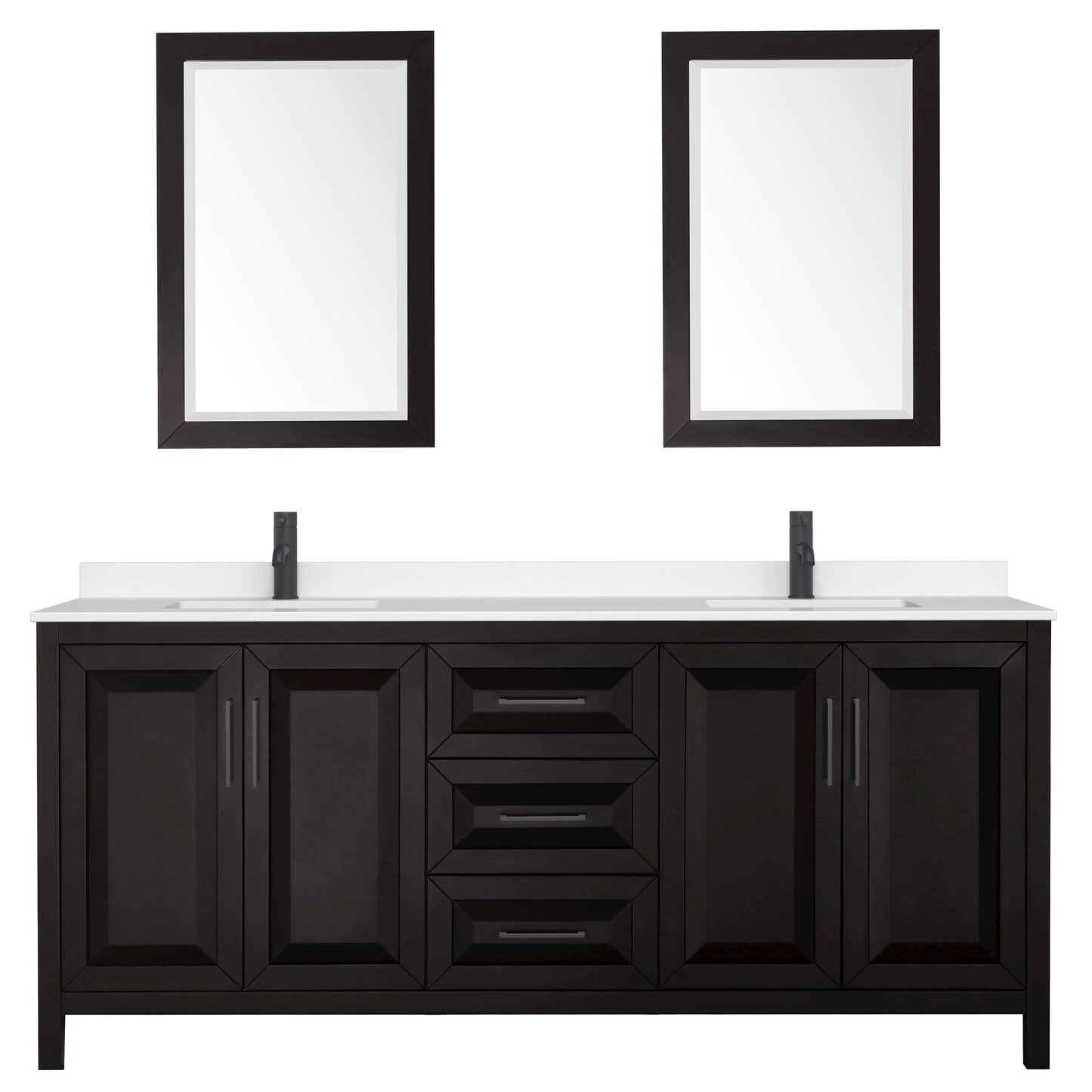 Wyndham Collection Daria 80" Double Bathroom Vanity in Dark Espresso, White Quartz Countertop, Undermount Square Sinks (1-Hole), Matte Black Trim, 24" Mirrors