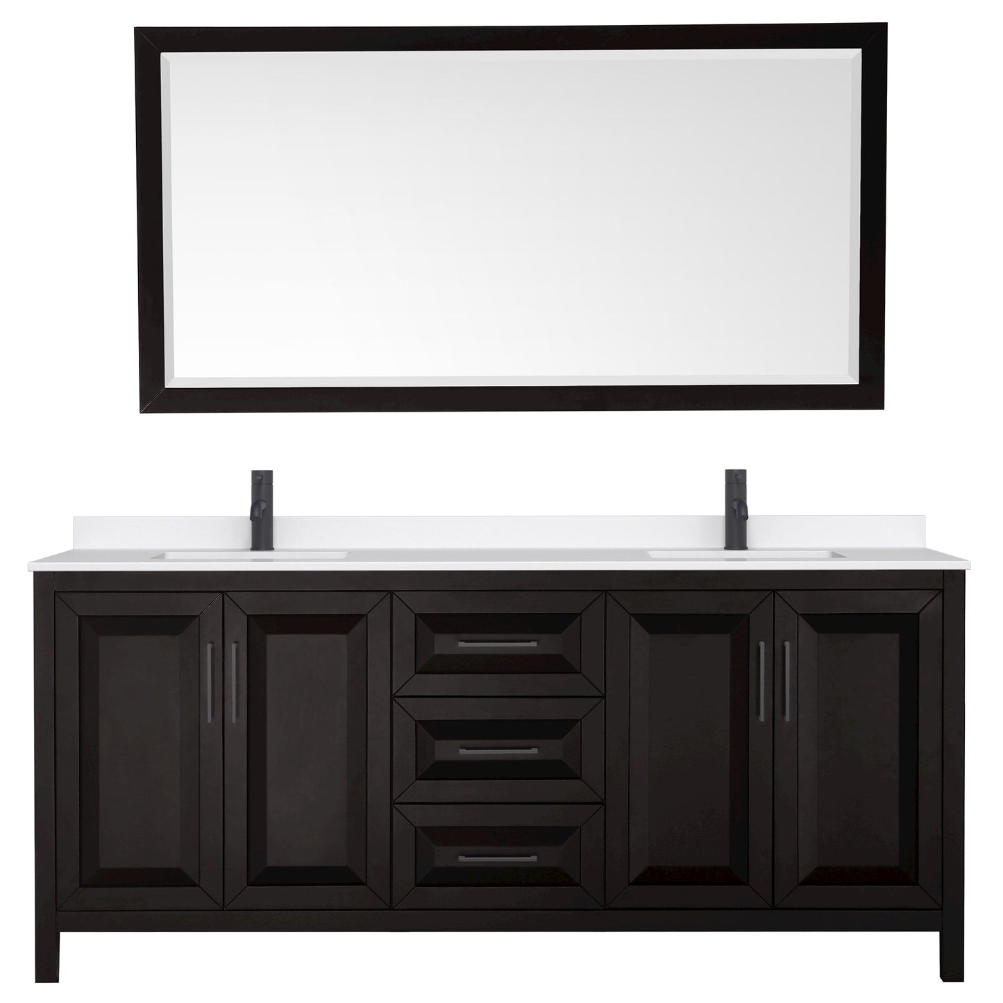 Wyndham Collection Daria 80" Double Bathroom Vanity in Dark Espresso, White Quartz Countertop, Undermount Square Sinks (1-Hole), Matte Black Trim, 70" Mirror