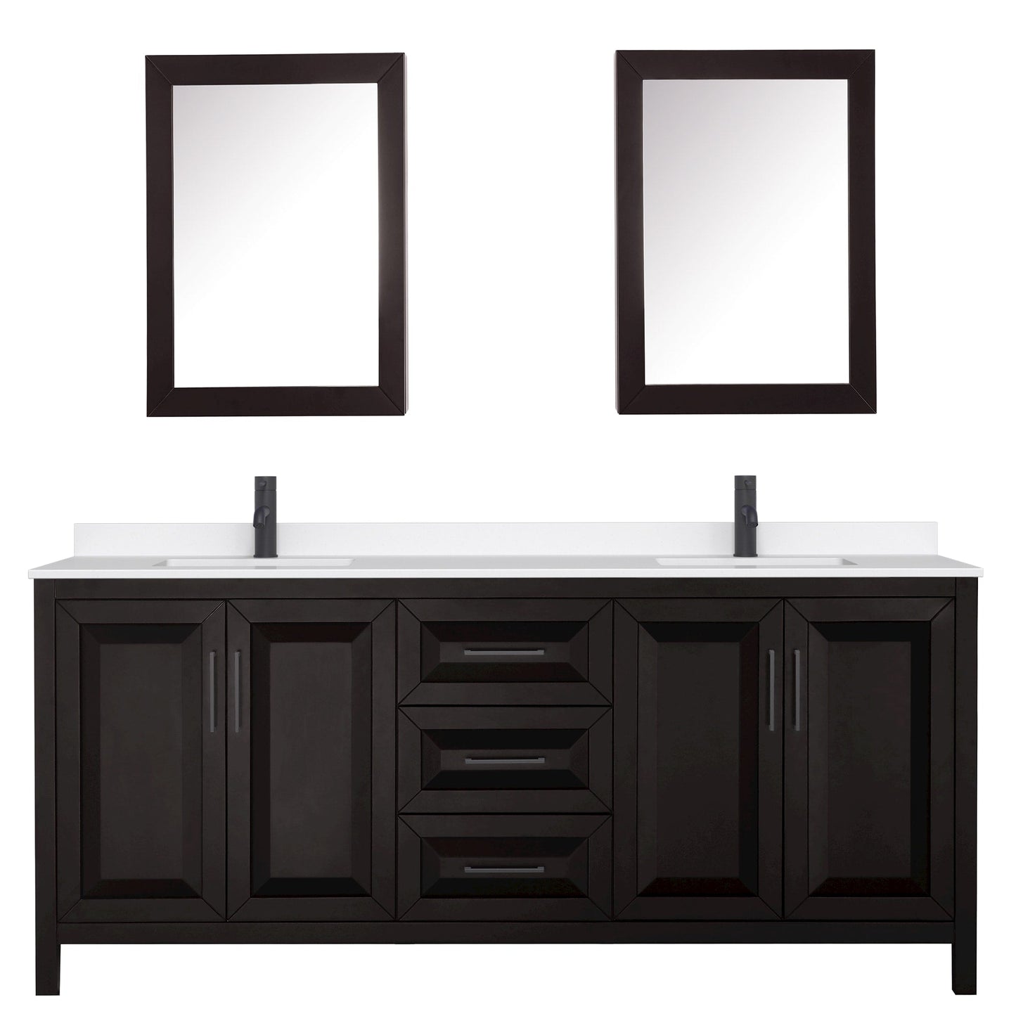 Wyndham Collection Daria 80" Double Bathroom Vanity in Dark Espresso, White Quartz Countertop, Undermount Square Sinks (1-Hole), Matte Black Trim, Medicine Cabinets
