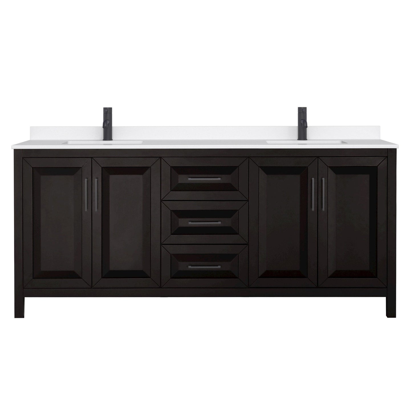 Wyndham Collection Daria 80" Double Bathroom Vanity in Dark Espresso, White Quartz Countertop, Undermount Square Sinks (1-Hole), Matte Black Trim