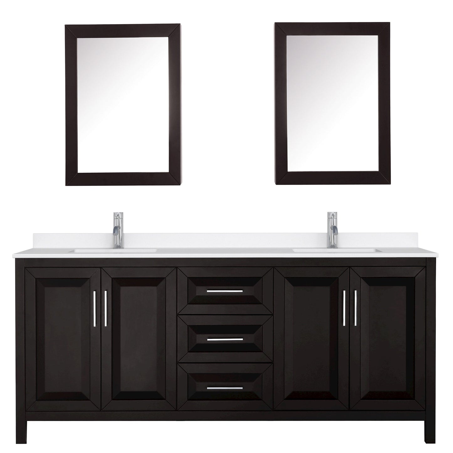 Wyndham Collection Daria 80" Double Bathroom Vanity in Dark Espresso, White Quartz Countertop, Undermount Square Sinks (1-Hole), Polished Chrome Trim, Medicine Cabinets