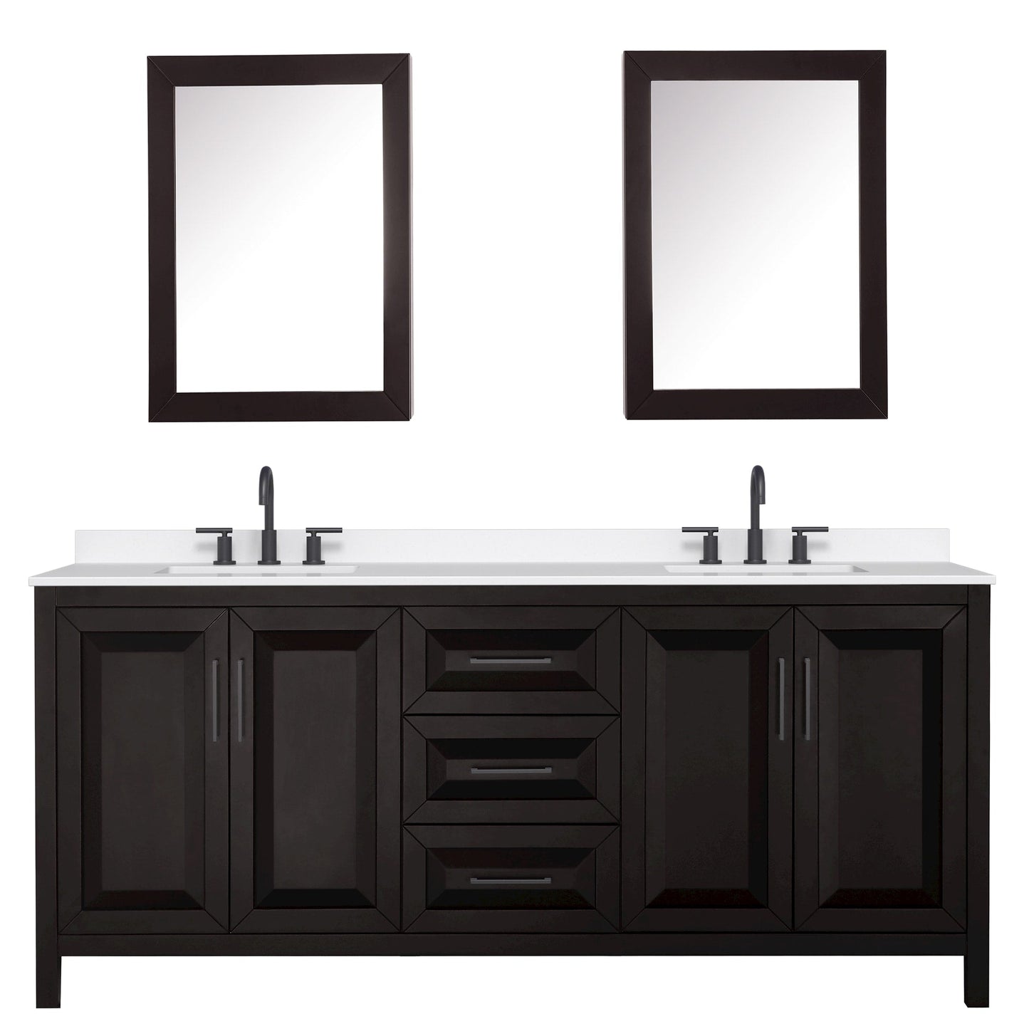Wyndham Collection Daria 80" Double Bathroom Vanity in Dark Espresso, White Quartz Countertop, Undermount Square Sinks (3-Hole), Matte Black Trim, Medicine Cabinets