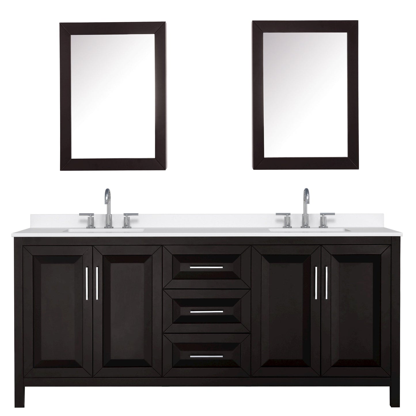 Wyndham Collection Daria 80" Double Bathroom Vanity in Dark Espresso, White Quartz Countertop, Undermount Square Sinks (3-Hole), Polished Chrome Trim, Medicine Cabinets